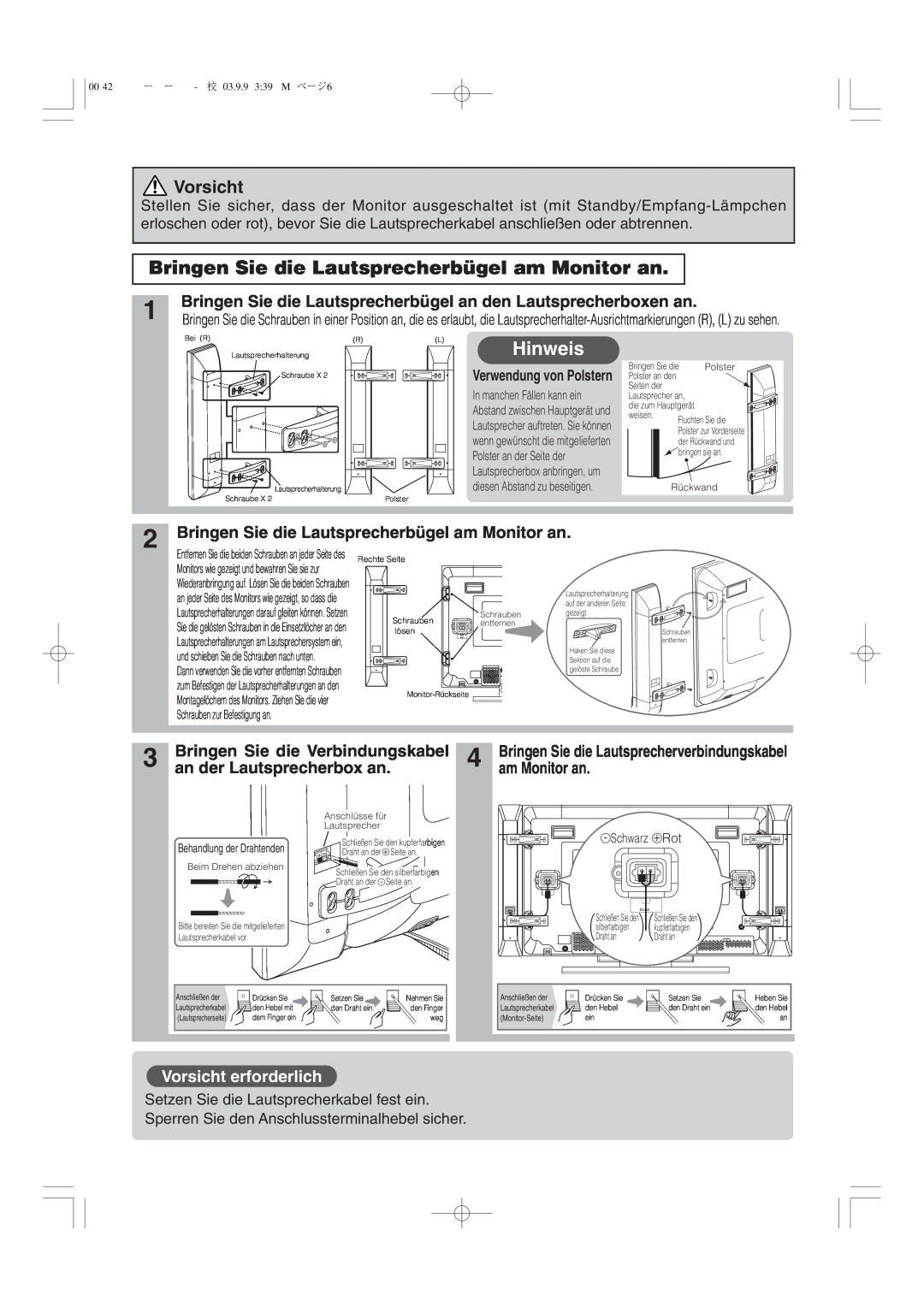 Hitachi 42PD5000 user manual Bringen Sie die Lautsprecherbügel am Monitor an, Hinweis, Vorsicht erforderlich 