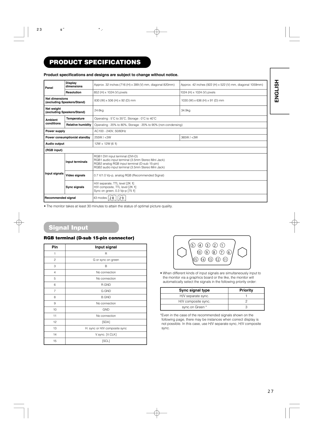 Hitachi 42PD5000 user manual Product Specifications, Signal Input, RGB terminal D-sub 15-pin connector, Pin Input signal 