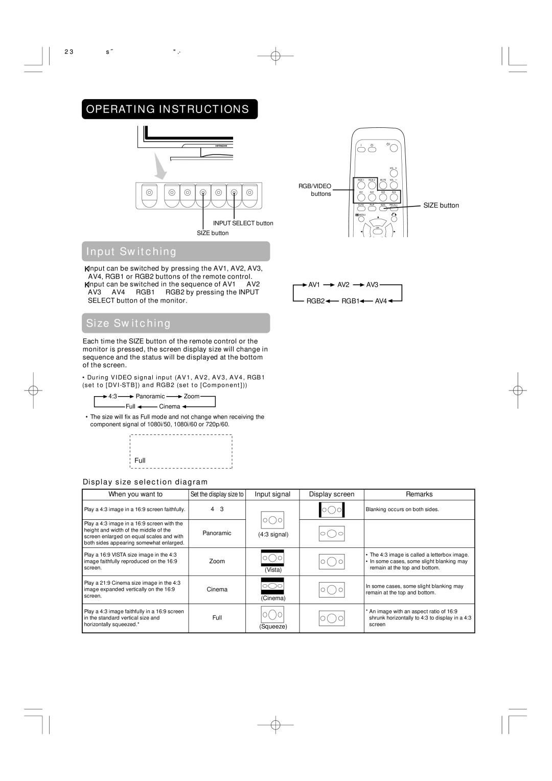 Hitachi 42PD5000 user manual Display size selection diagram, AV1 AV2 AV3 RGB2 RGB1 AV4, Full, When you want to 