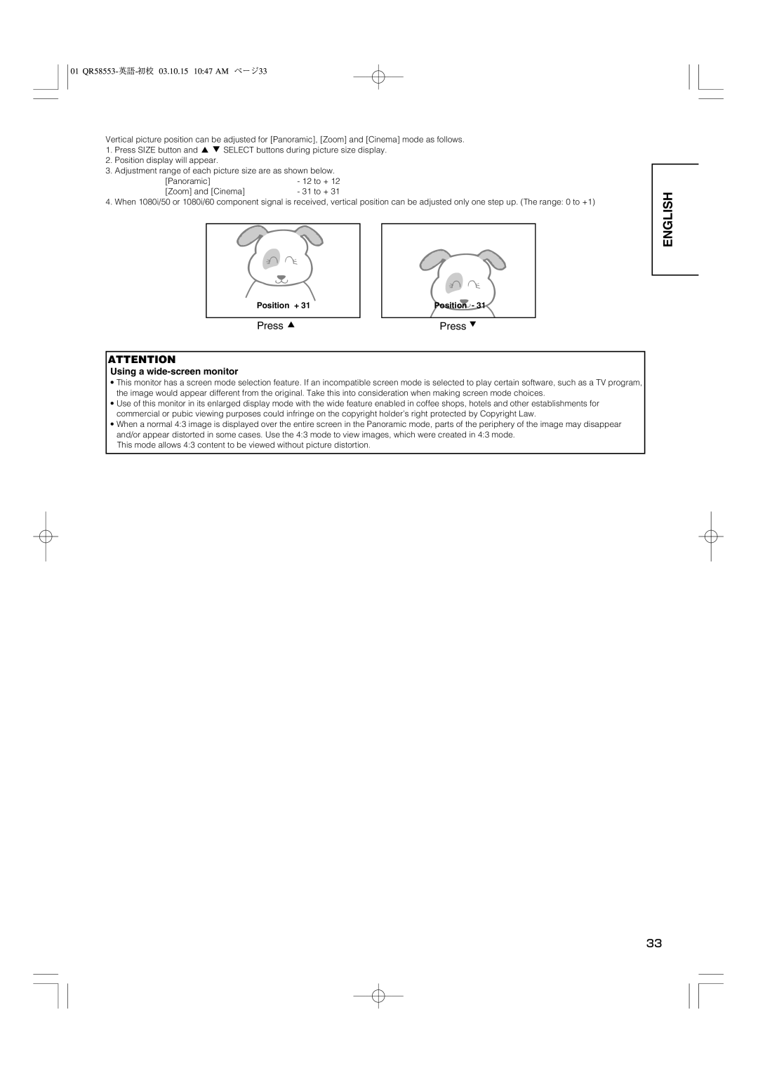 Hitachi 42PD5000 user manual Press, Using a wide-screen monitor 