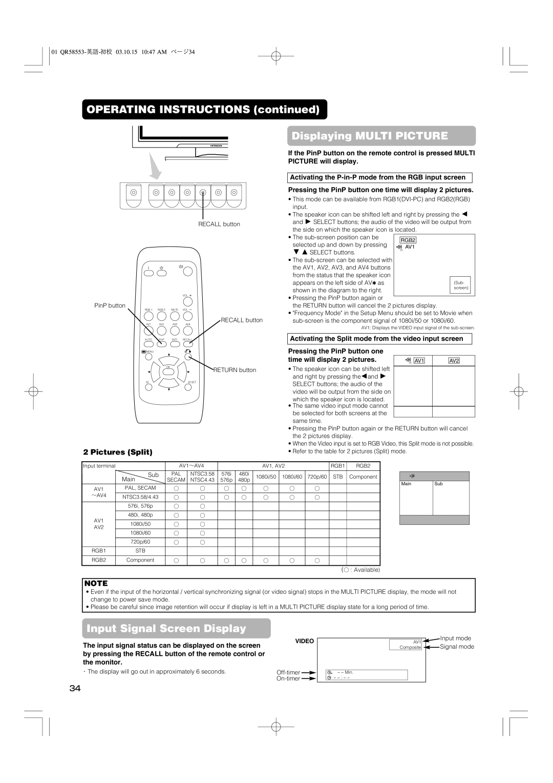 Hitachi 42PD5000 user manual Operating Instructions Displaying Multi Picture, Pictures Split 