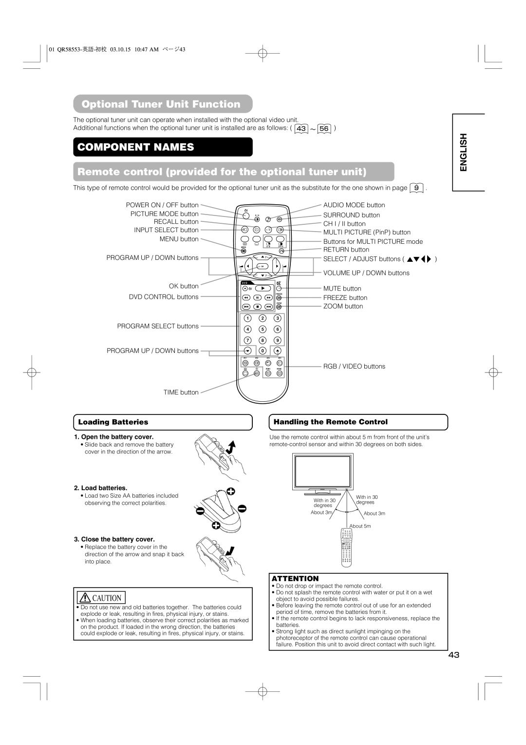 Hitachi 42PD5000 user manual Optional Tuner Unit Function, Remote control provided for the optional tuner unit 