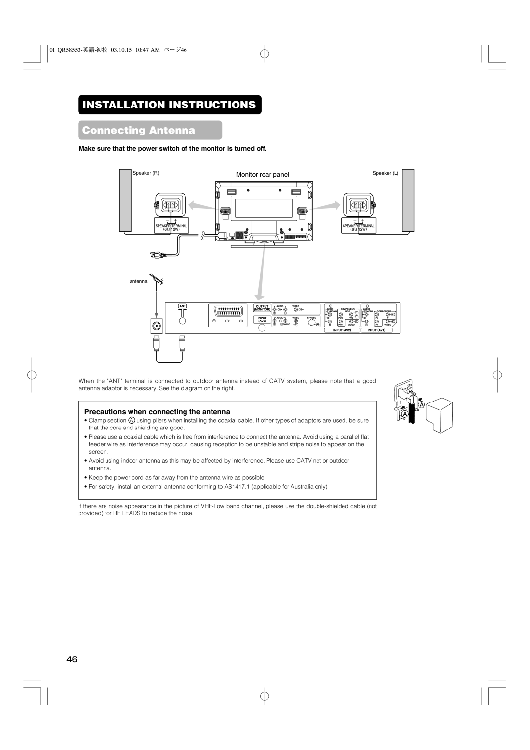 Hitachi 42PD5000 user manual Connecting Antenna, Precautions when connecting the antenna, Monitor rear panel 