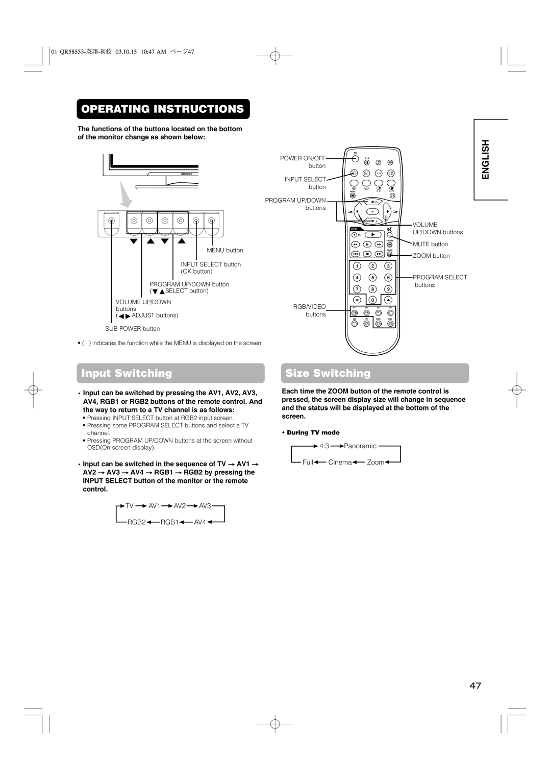 Hitachi 42PD5000 user manual TV AV1 AV2 AV3 RGB2 RGB1 AV4, Panoramic Full Cinema Zoom 