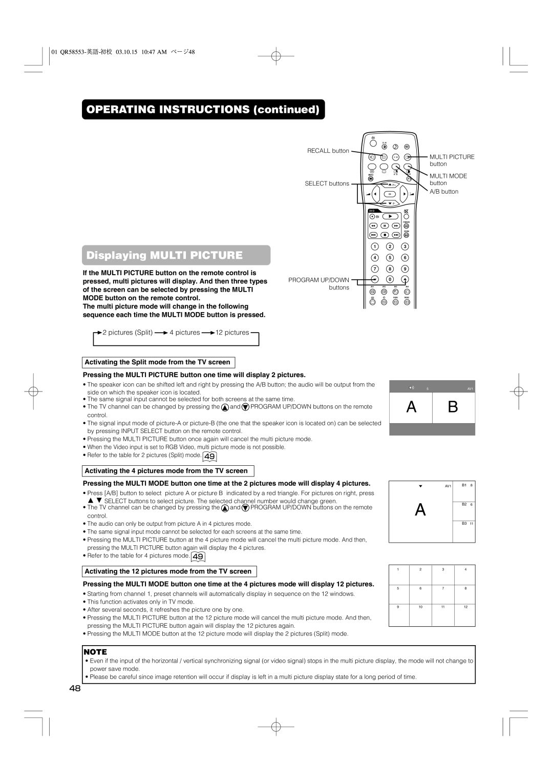 Hitachi 42PD5000 user manual Pictures Split 4 pictures 12 pictures, Activating the Split mode from the TV screen 