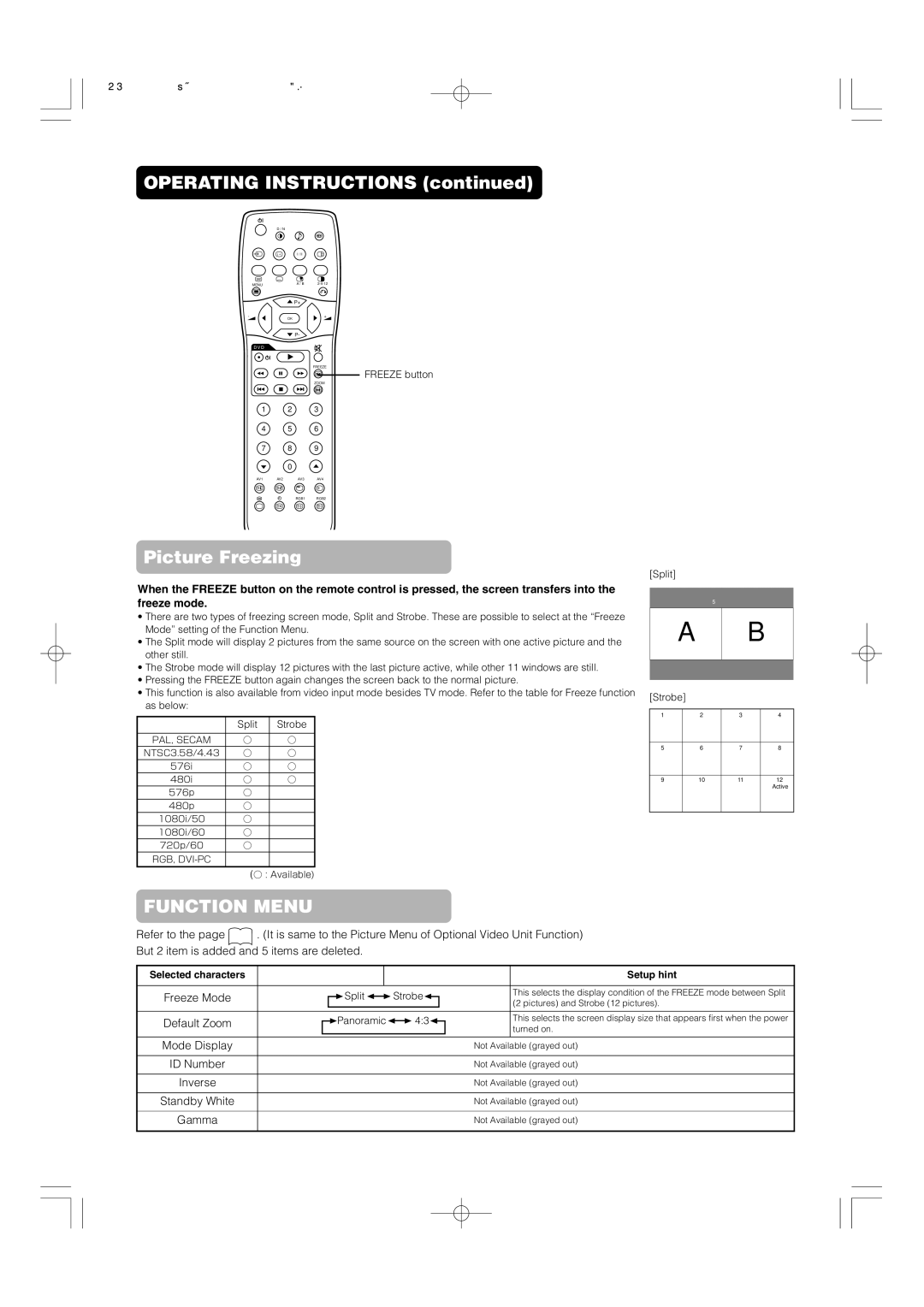 Hitachi 42PD5000 user manual Picture Freezing, Freeze button, Split Strobe Panoramic 