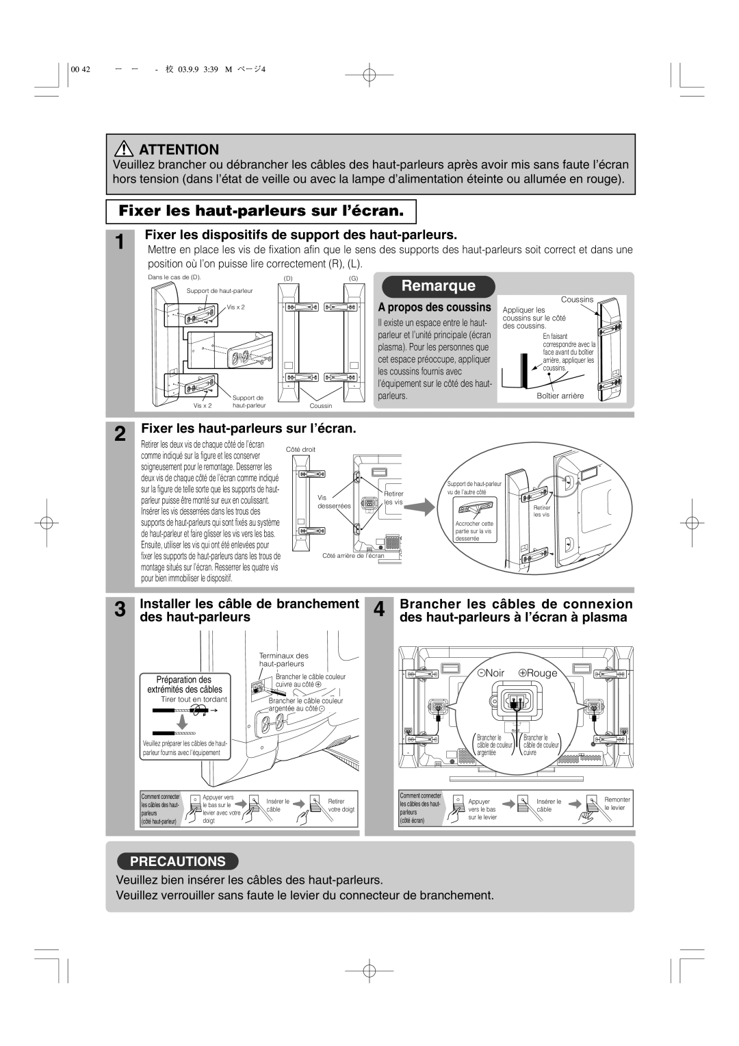 Hitachi 42PD5000 user manual Fixer les haut-parleurs sur l’écran, Pour bien immobiliser le dispositif 