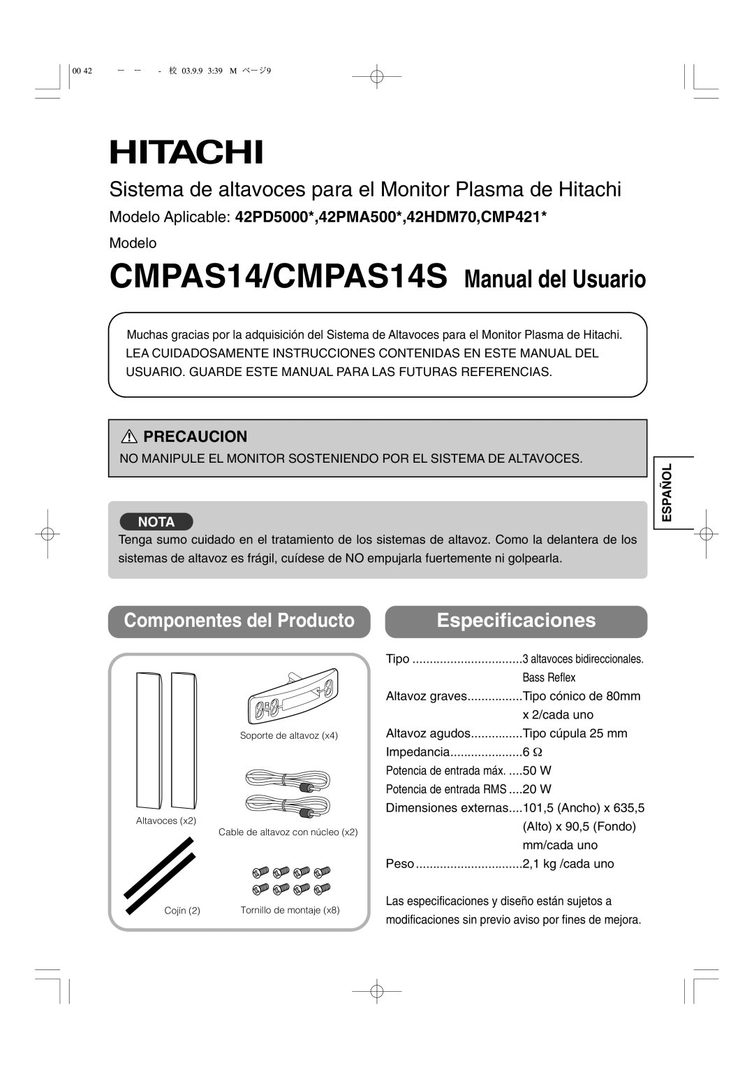 Hitachi user manual Modelo Aplicable 42PD5000*,42PMA500*,42HDM70,CMP421, Altavoces bidireccionales 