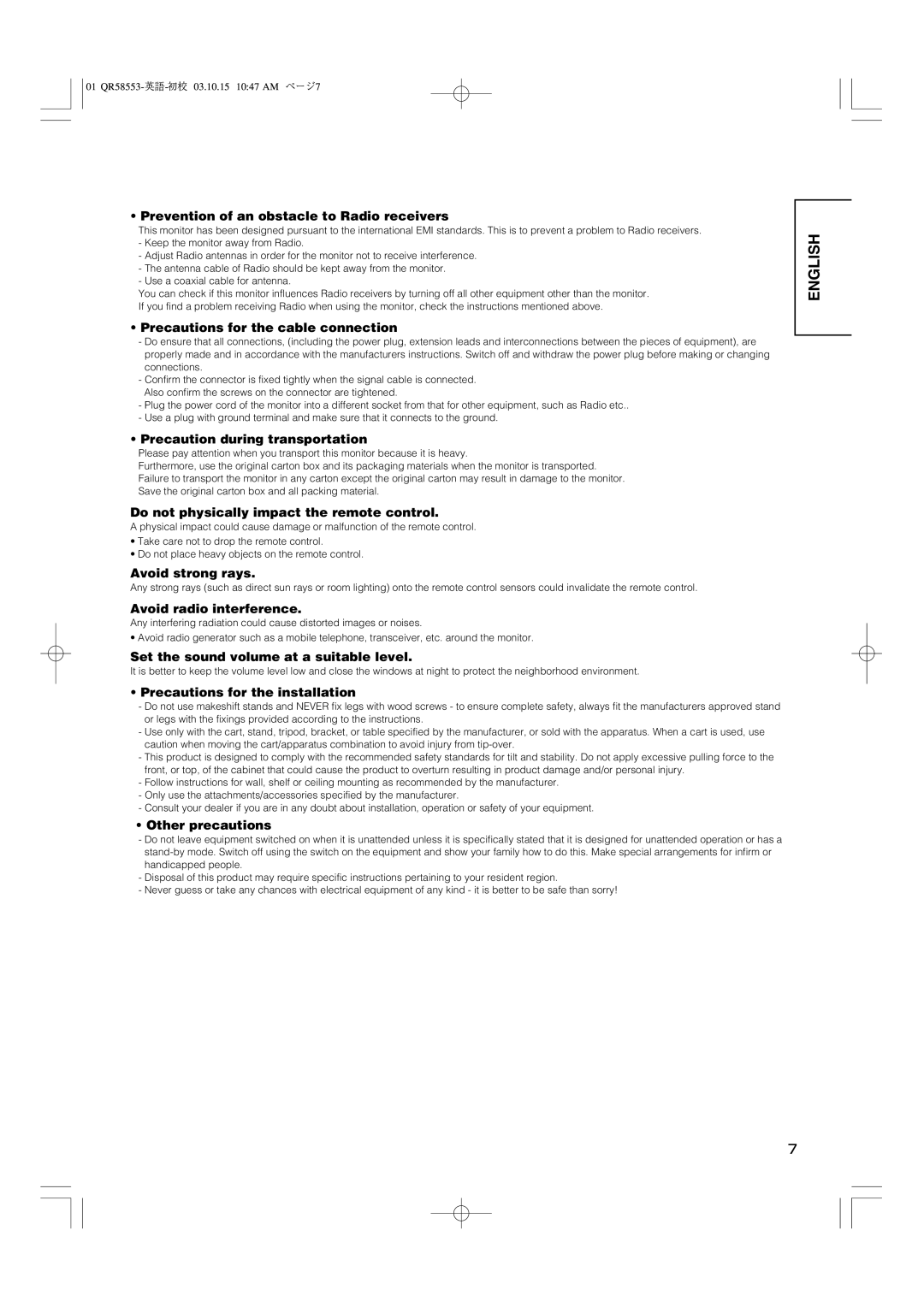 Hitachi 42PD5000 Prevention of an obstacle to Radio receivers, Precautions for the cable connection, Avoid strong rays 