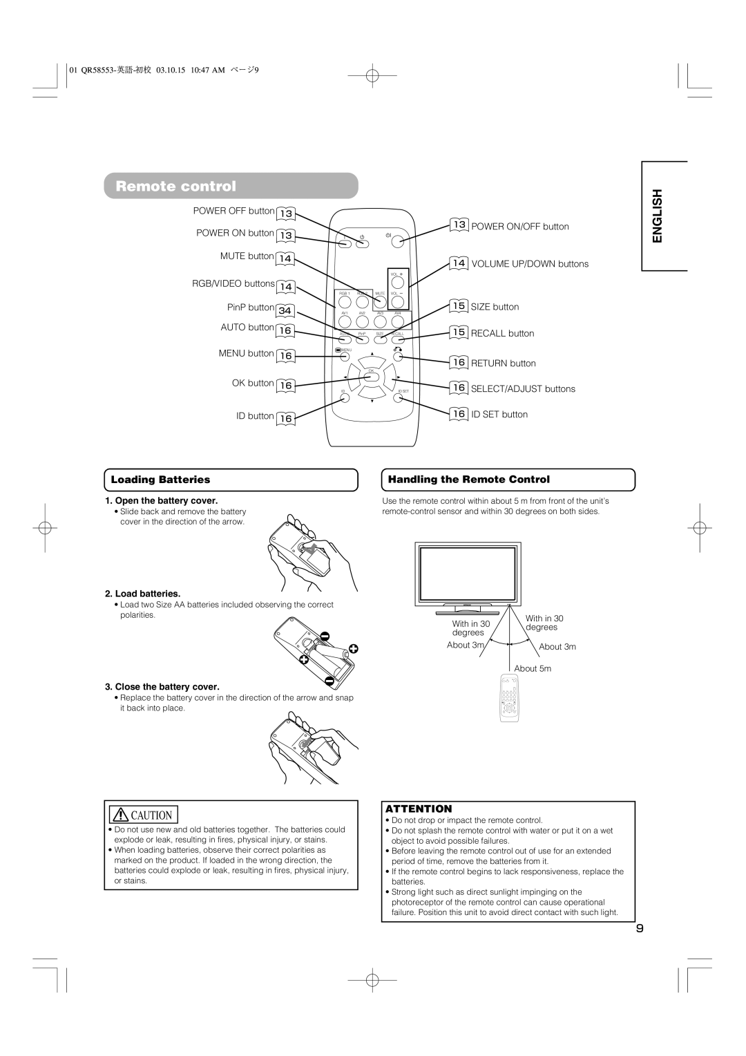 Hitachi 42PD5000 user manual Remote control, Loading Batteries, Handling the Remote Control 