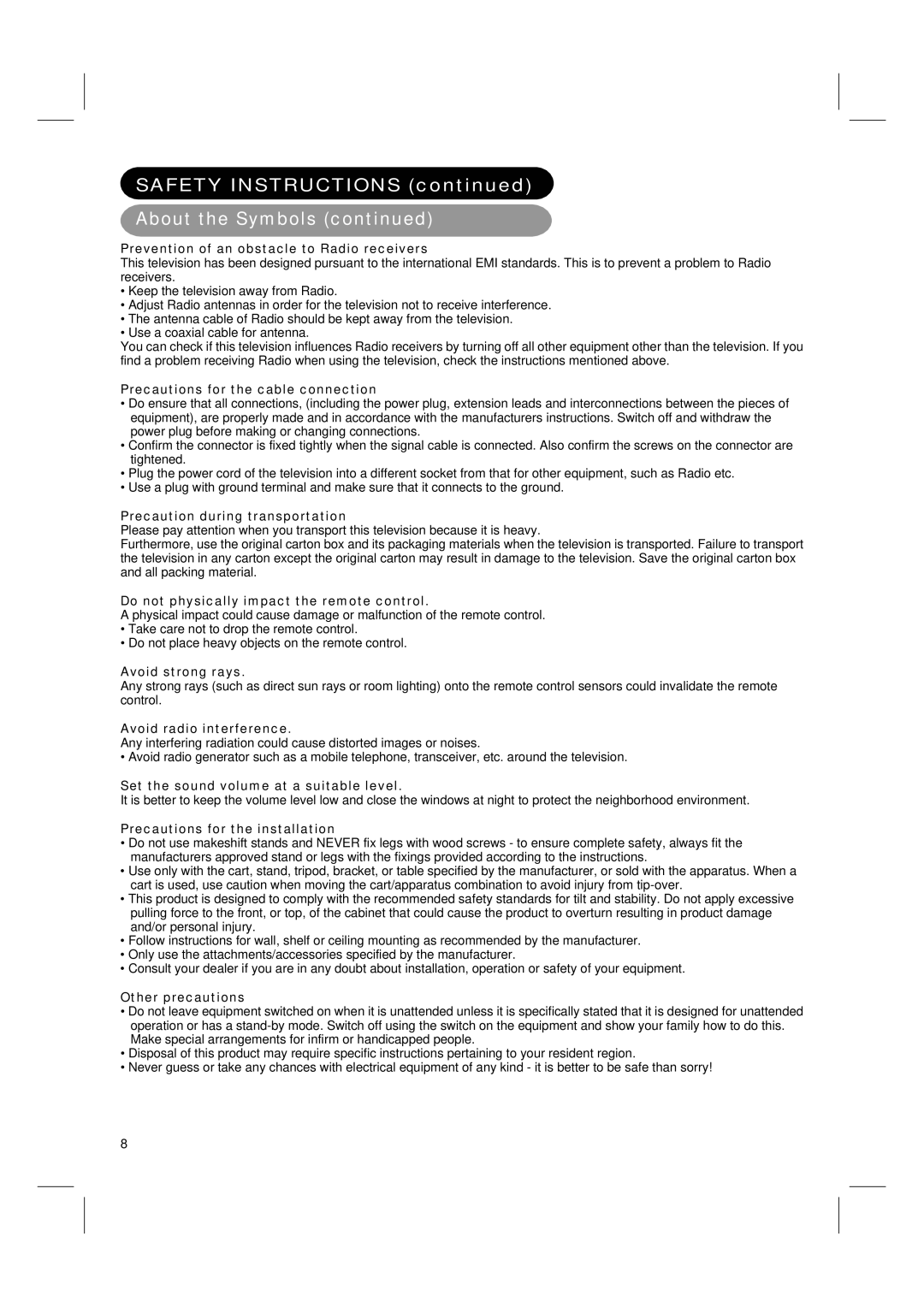 Hitachi 42PD580DTA Prevention of an obstacle to Radio receivers, Precautions for the cable connection, Avoid strong rays 