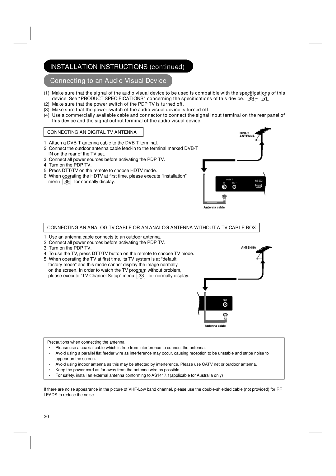 Hitachi 42PD580DTA user manual Connecting AN Digital TV Antenna 