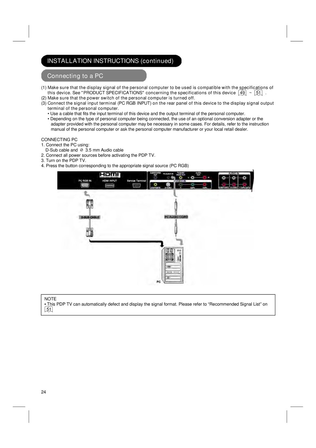 Hitachi 42PD580DTA user manual Installation Instructions Connecting to a PC, Connecting PC 