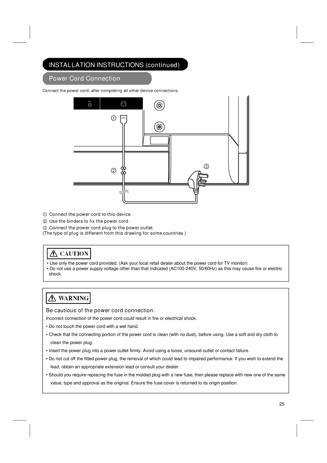 Hitachi 42PD580DTA user manual Installation Instructions Power Cord Connection, Be cautious of the power cord connection 