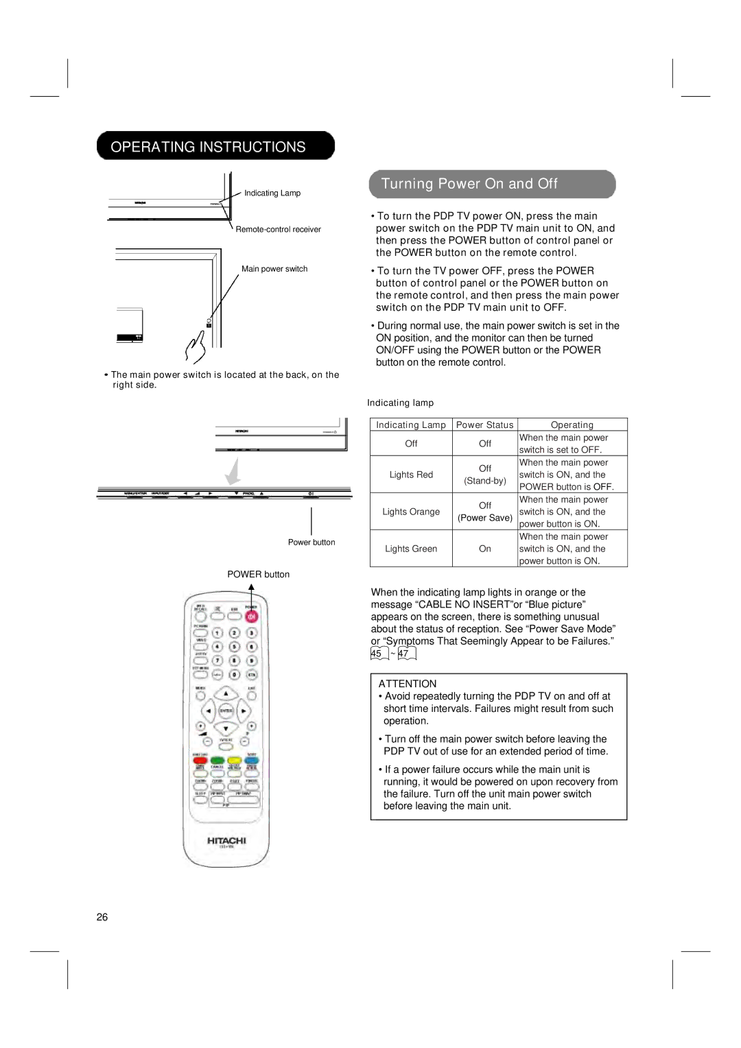 Hitachi 42PD580DTA user manual Operating Instructions, Turning Power On and Off, Indicating lamp 