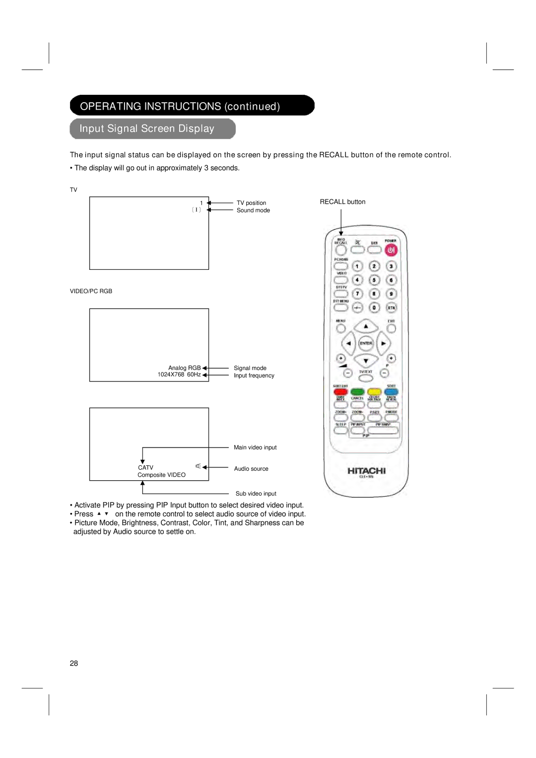 Hitachi 42PD580DTA Operating Instructions Input Signal Screen Display, Display will go out in approximately 3 seconds 