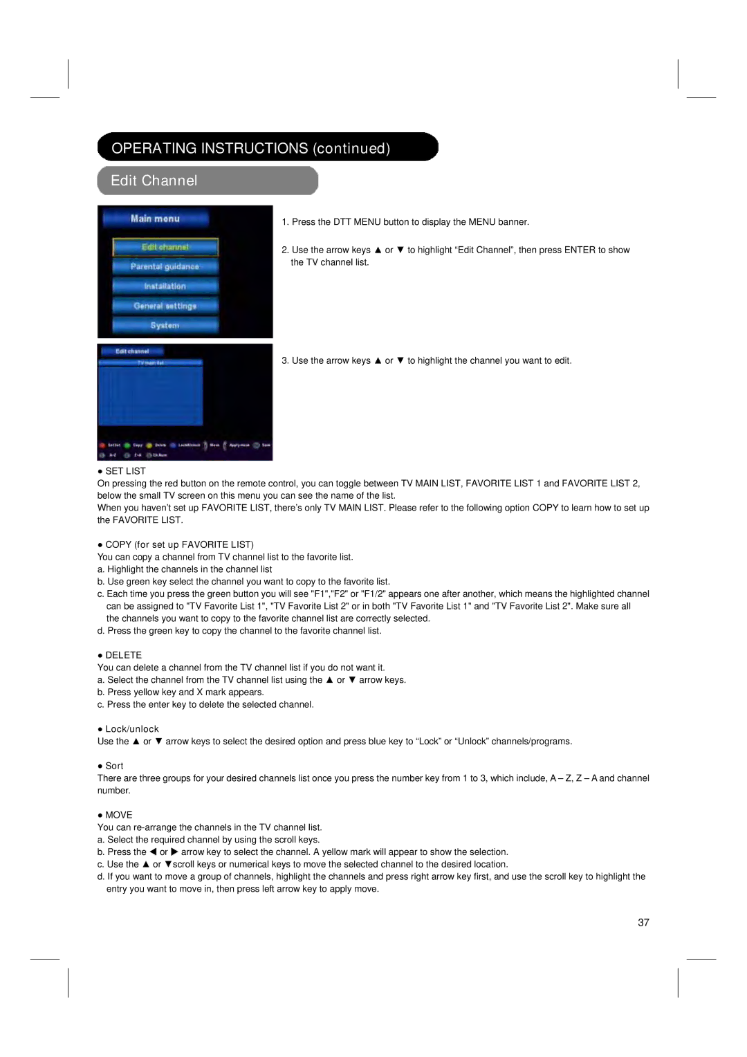 Hitachi 42PD580DTA user manual Operating Instructions Edit Channel, Copy for set up Favorite List, Lock/unlock, Sort 