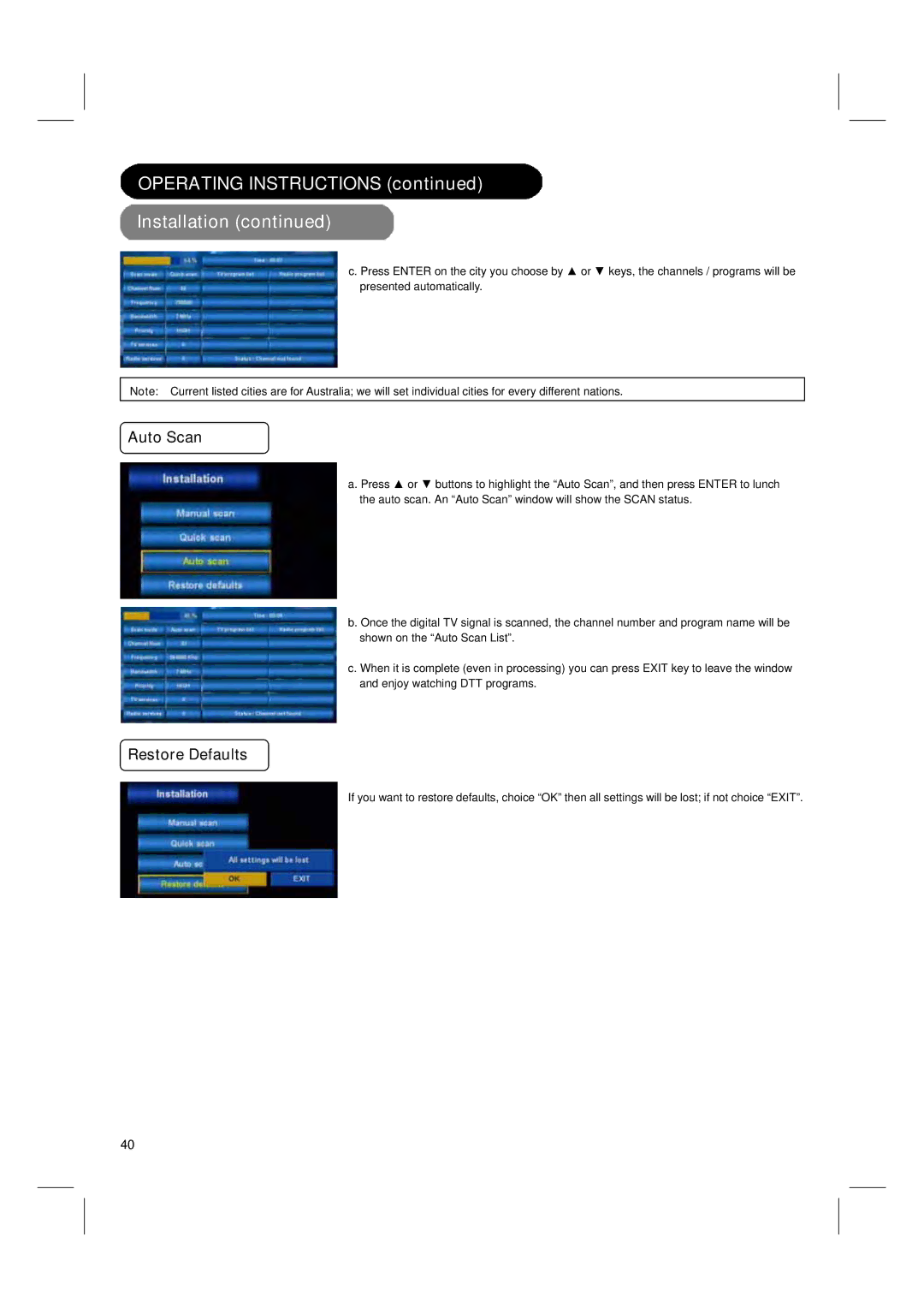 Hitachi 42PD580DTA user manual Auto Scan, Restore Defaults 