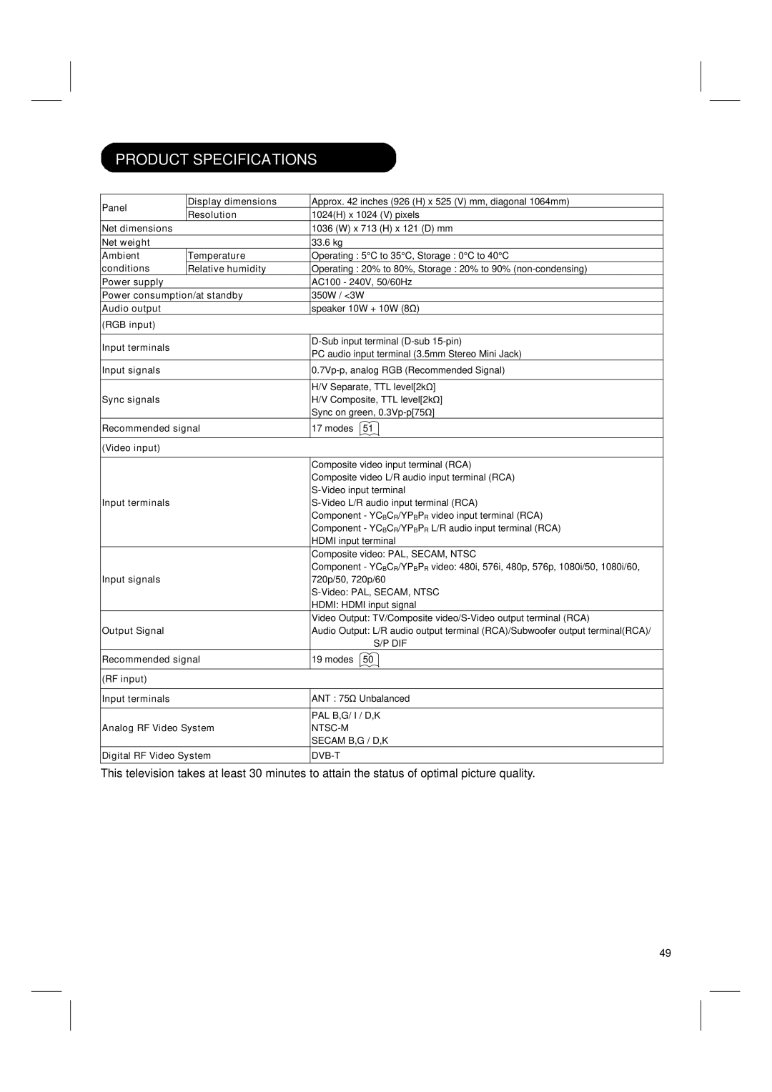 Hitachi 42PD580DTA user manual Product Specifications 