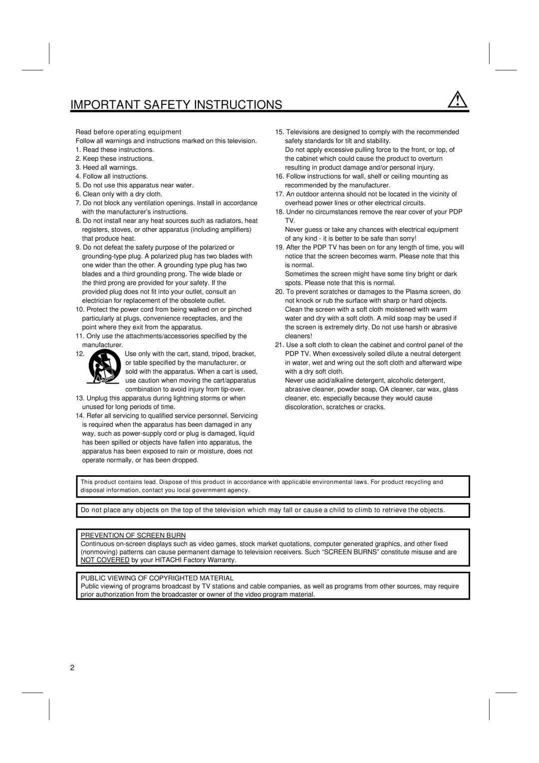 Hitachi 42PD580DTA user manual Important Safety Instructions, Read before operating equipment 