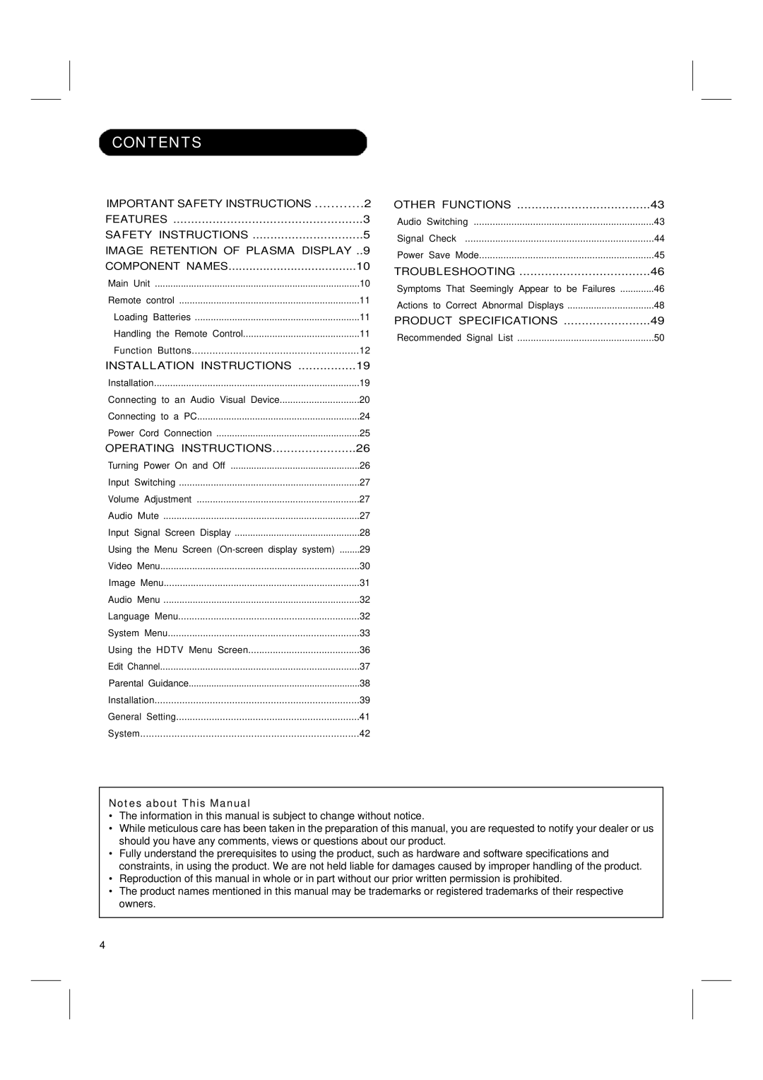 Hitachi 42PD580DTA user manual Contents 