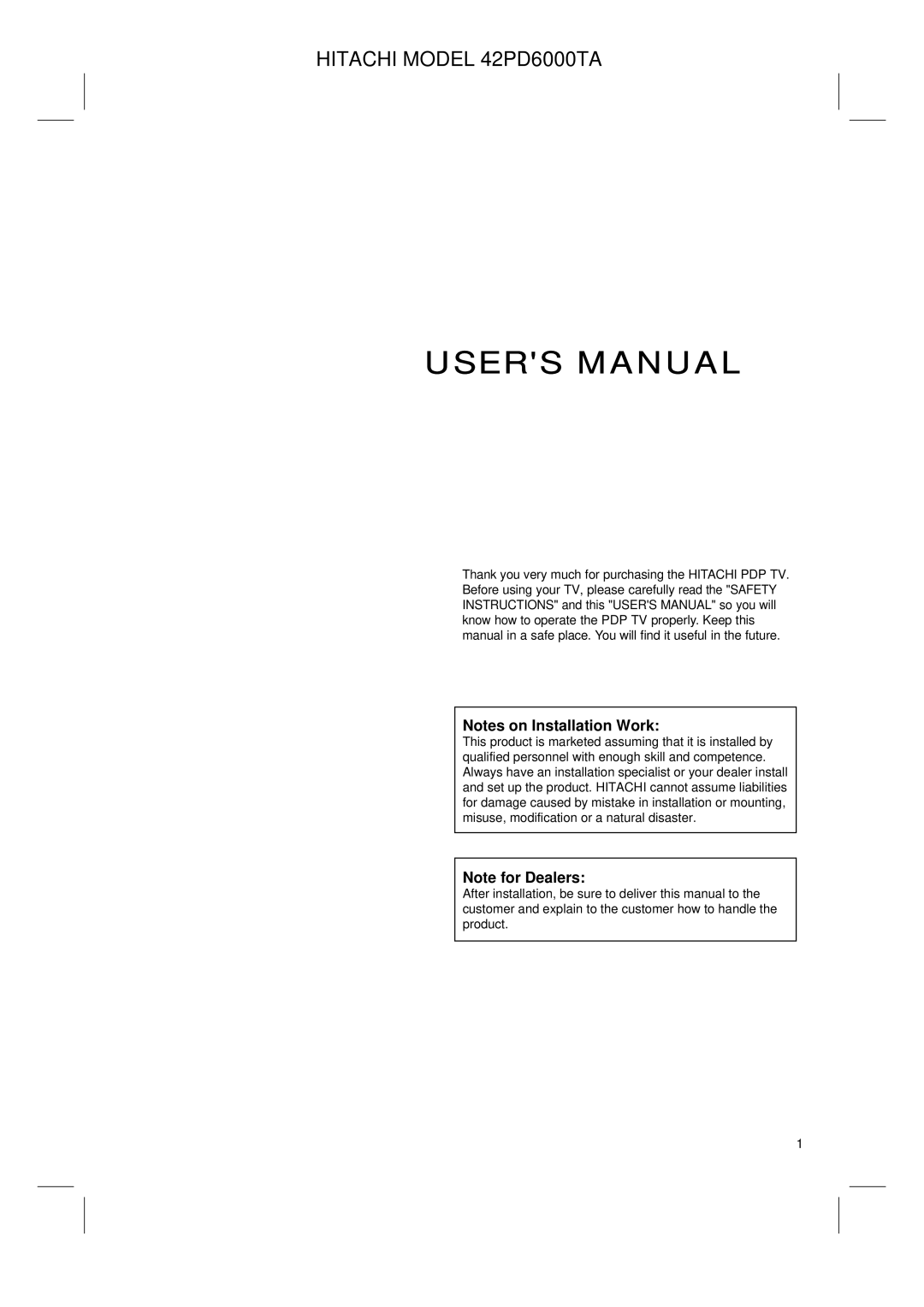 Hitachi user manual Hitachi Model 42PD6000TA 