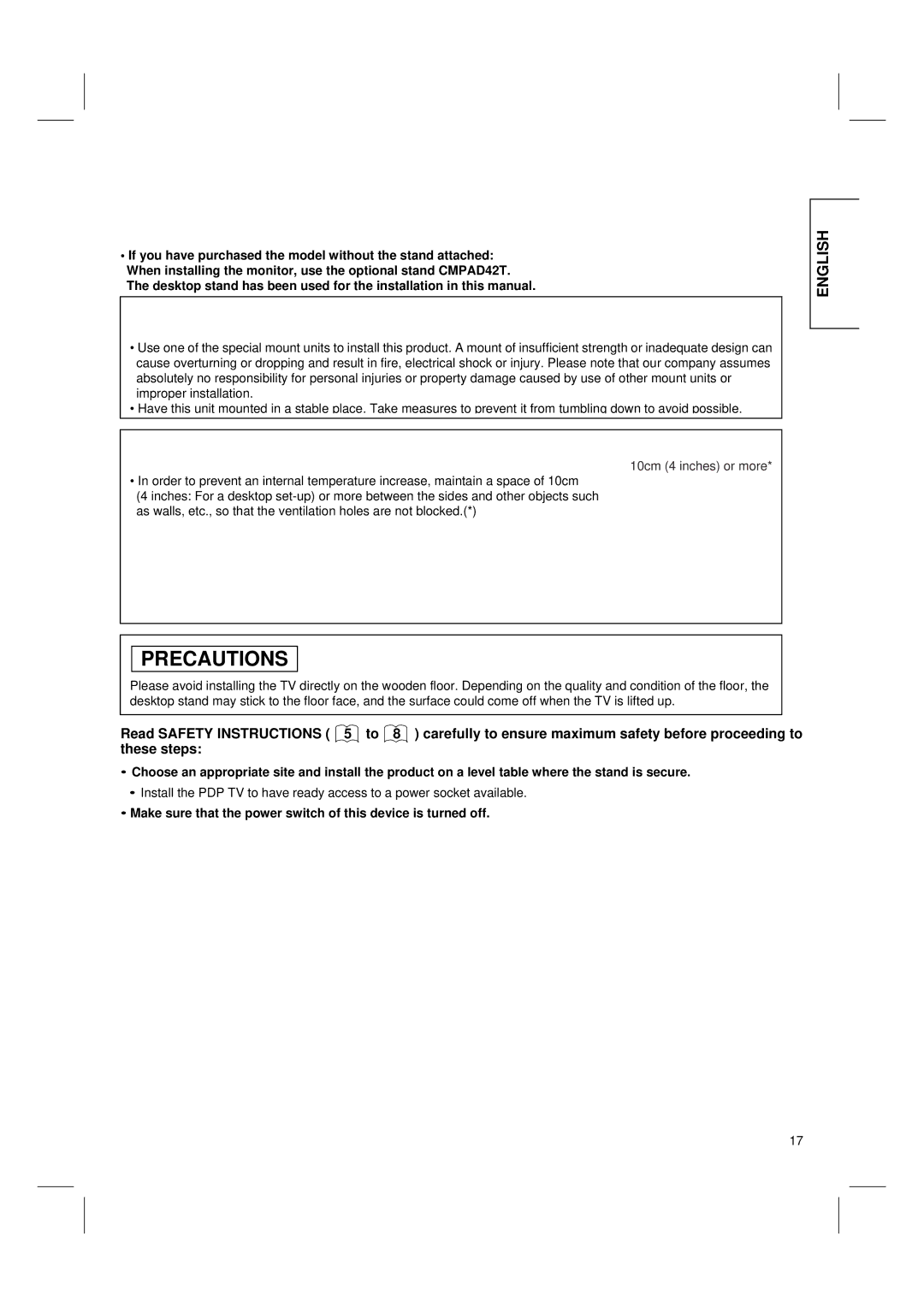 Hitachi 42PD6000TA user manual Installation Instructions 