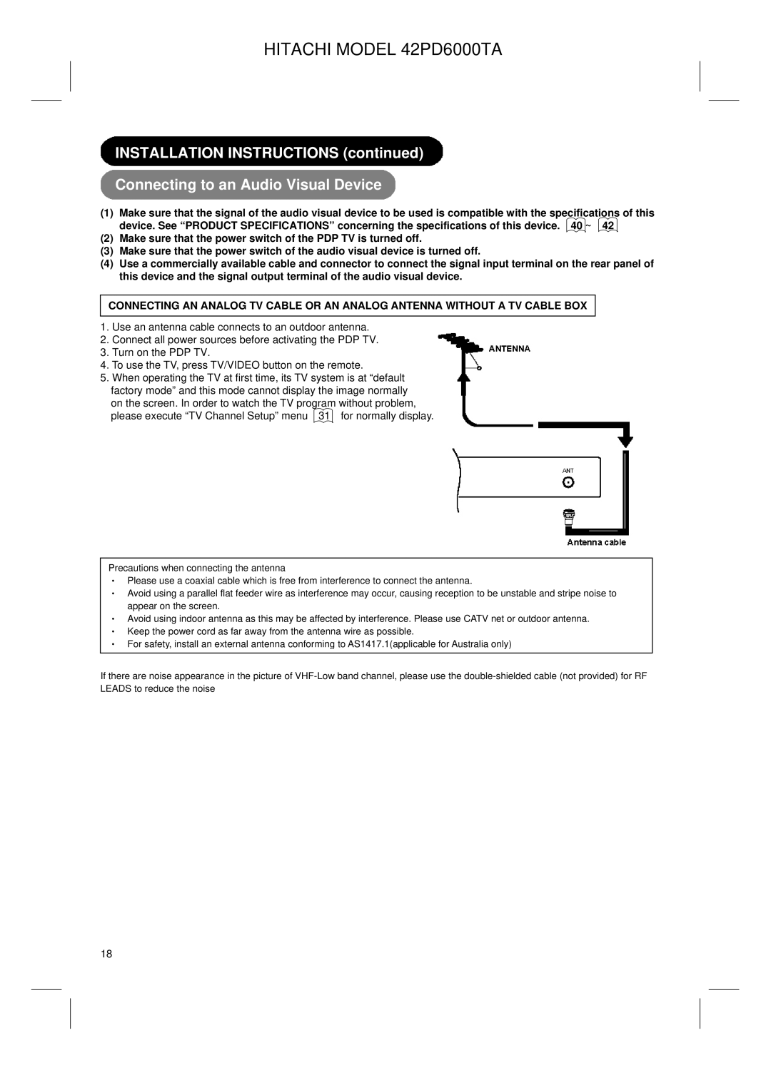 Hitachi user manual Hitachi Model 42PD6000TA 