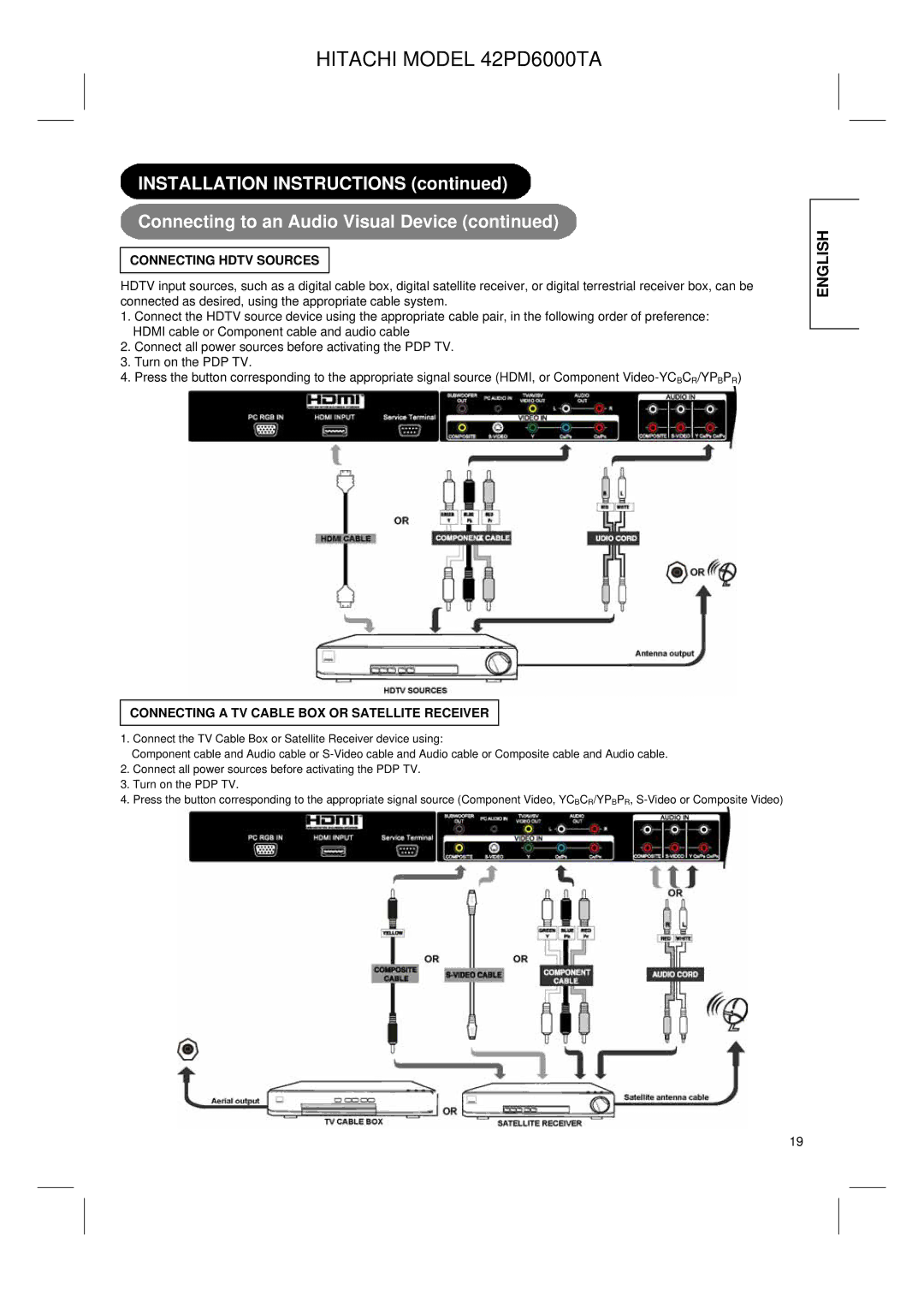 Hitachi 42PD6000TA user manual Connecting Hdtv Sources 