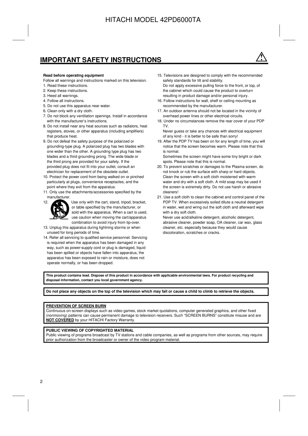 Hitachi 42PD6000TA user manual Important Safety Instructions, Read before operating equipment 