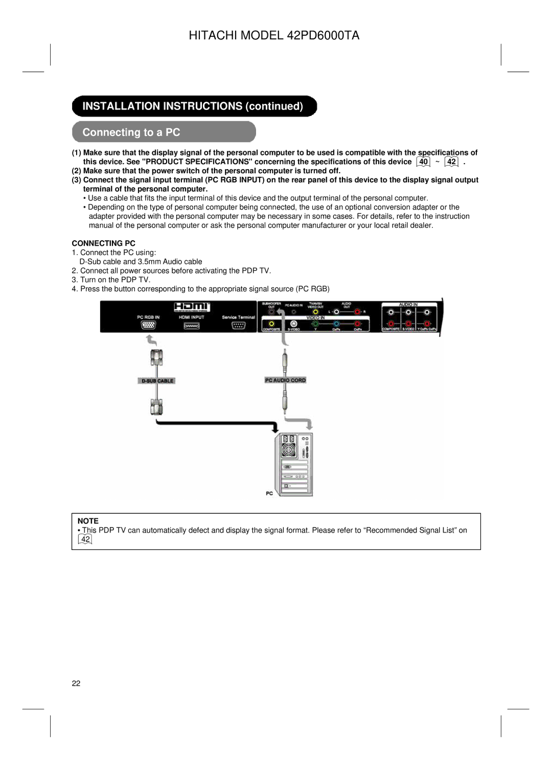 Hitachi 42PD6000TA user manual Installation Instructions Connecting to a PC, Connecting PC 