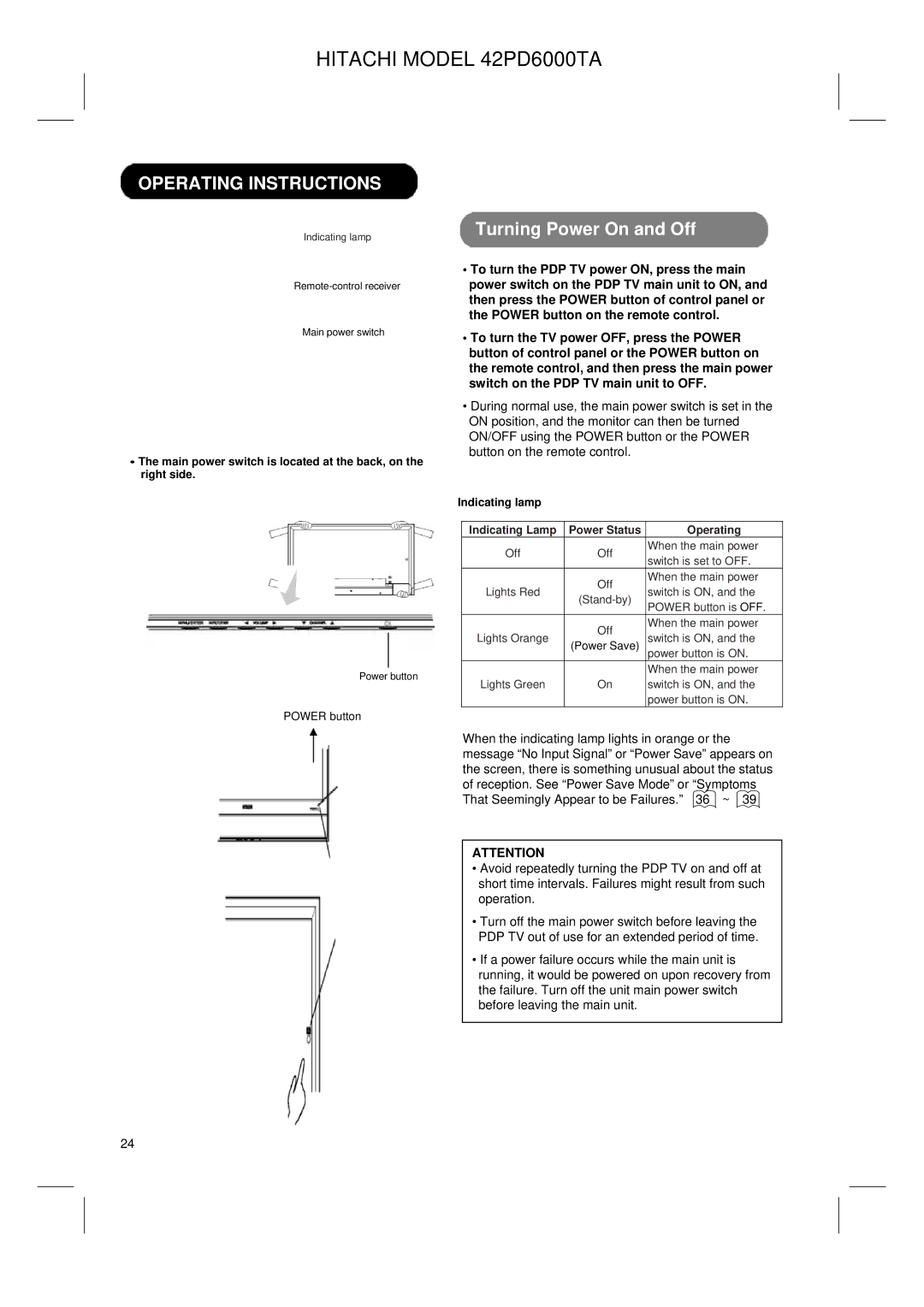 Hitachi 42PD6000TA user manual Operating Instructions, Turning Power On and Off, Indicating lamp 