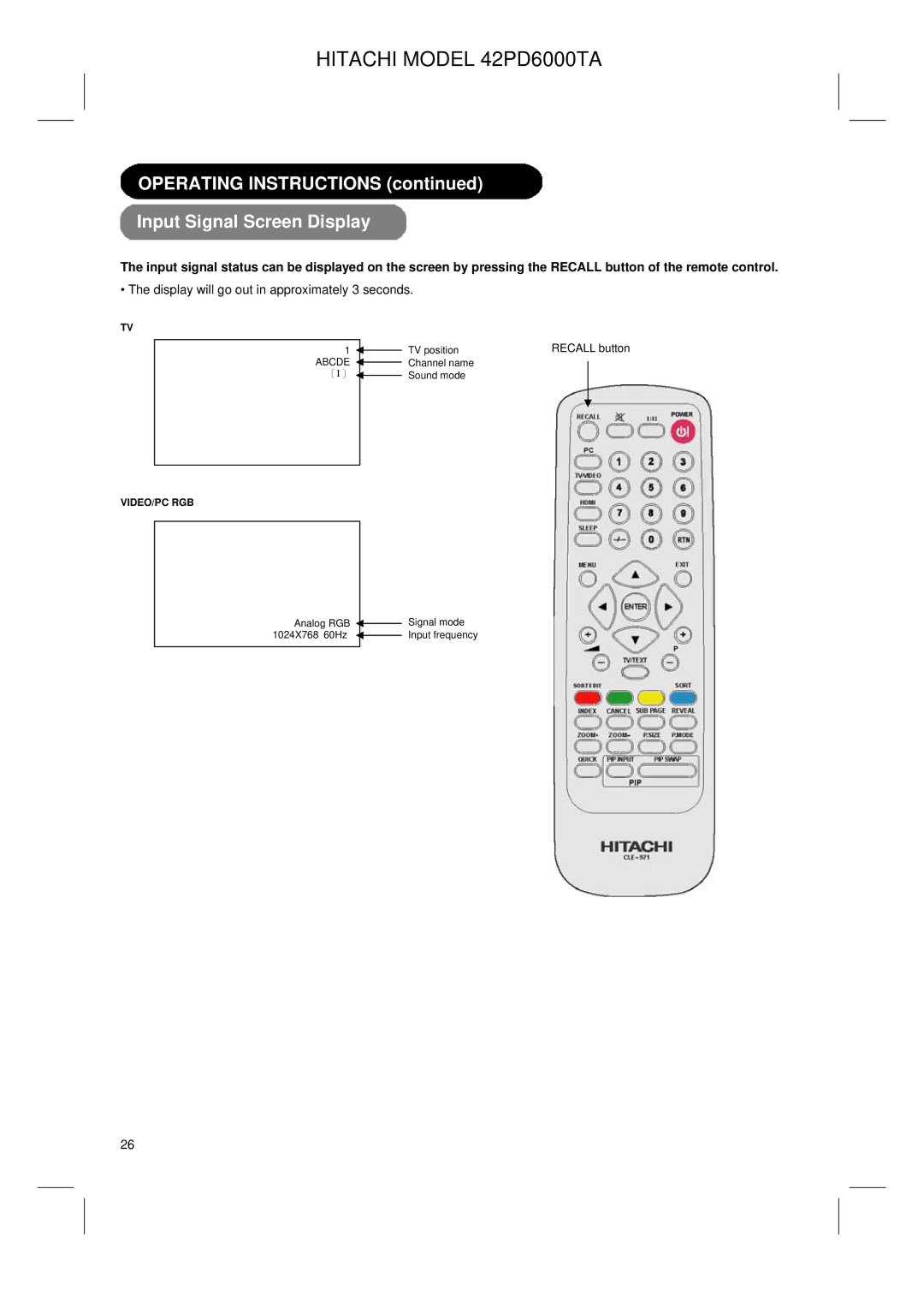 Hitachi 42PD6000TA Operating Instructions Input Signal Screen Display, Display will go out in approximately 3 seconds 