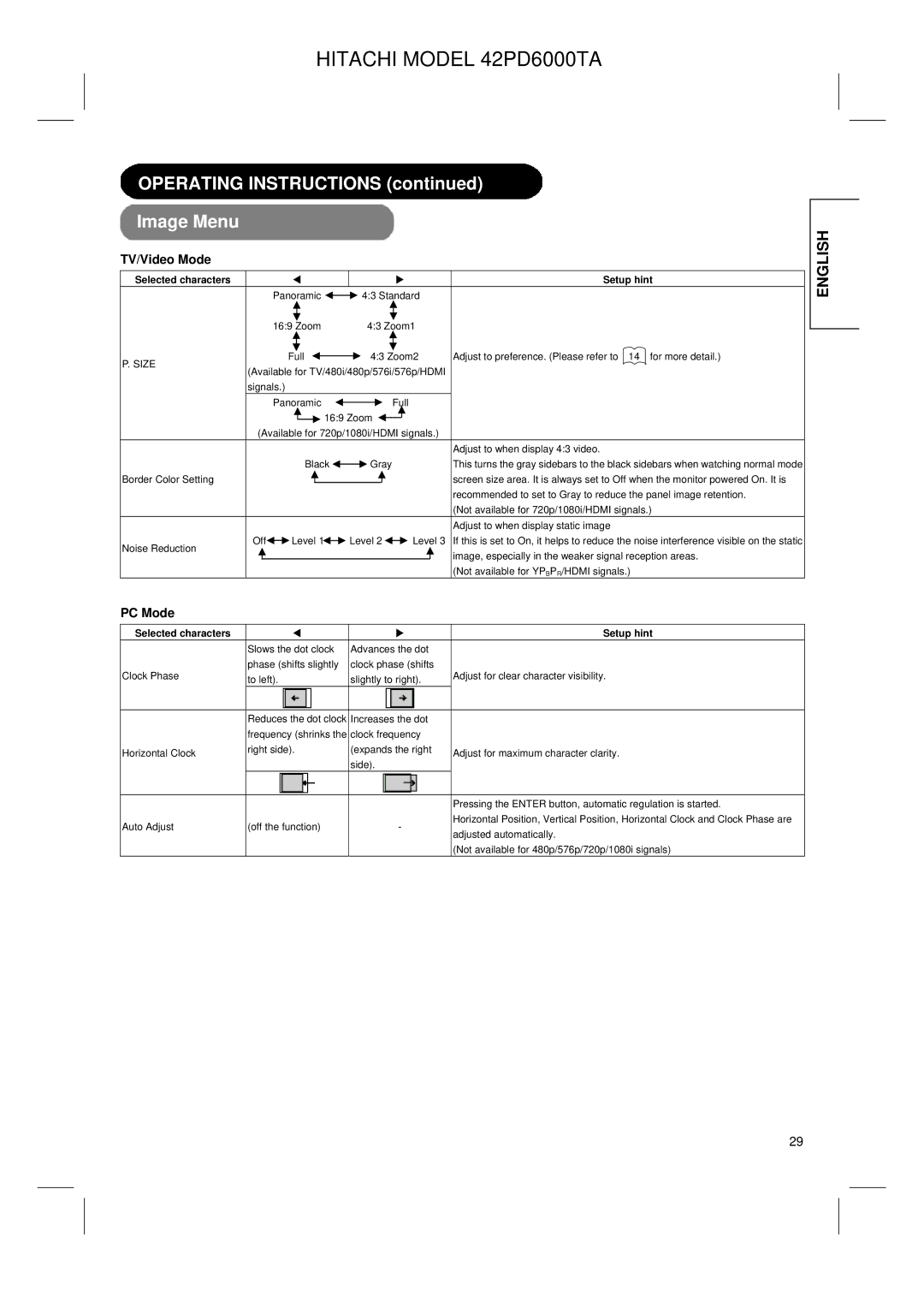 Hitachi 42PD6000TA user manual Operating Instructions Image Menu, Size 