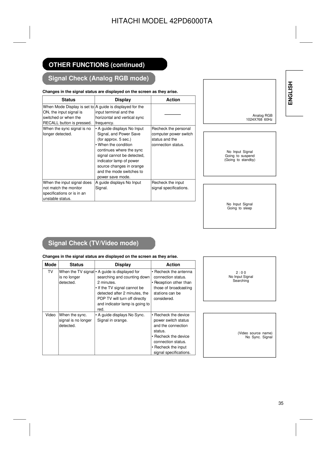 Hitachi 42PD6000TA Other Functions Signal Check Analog RGB mode, Signal Check TV/Video mode, Status Display Action 