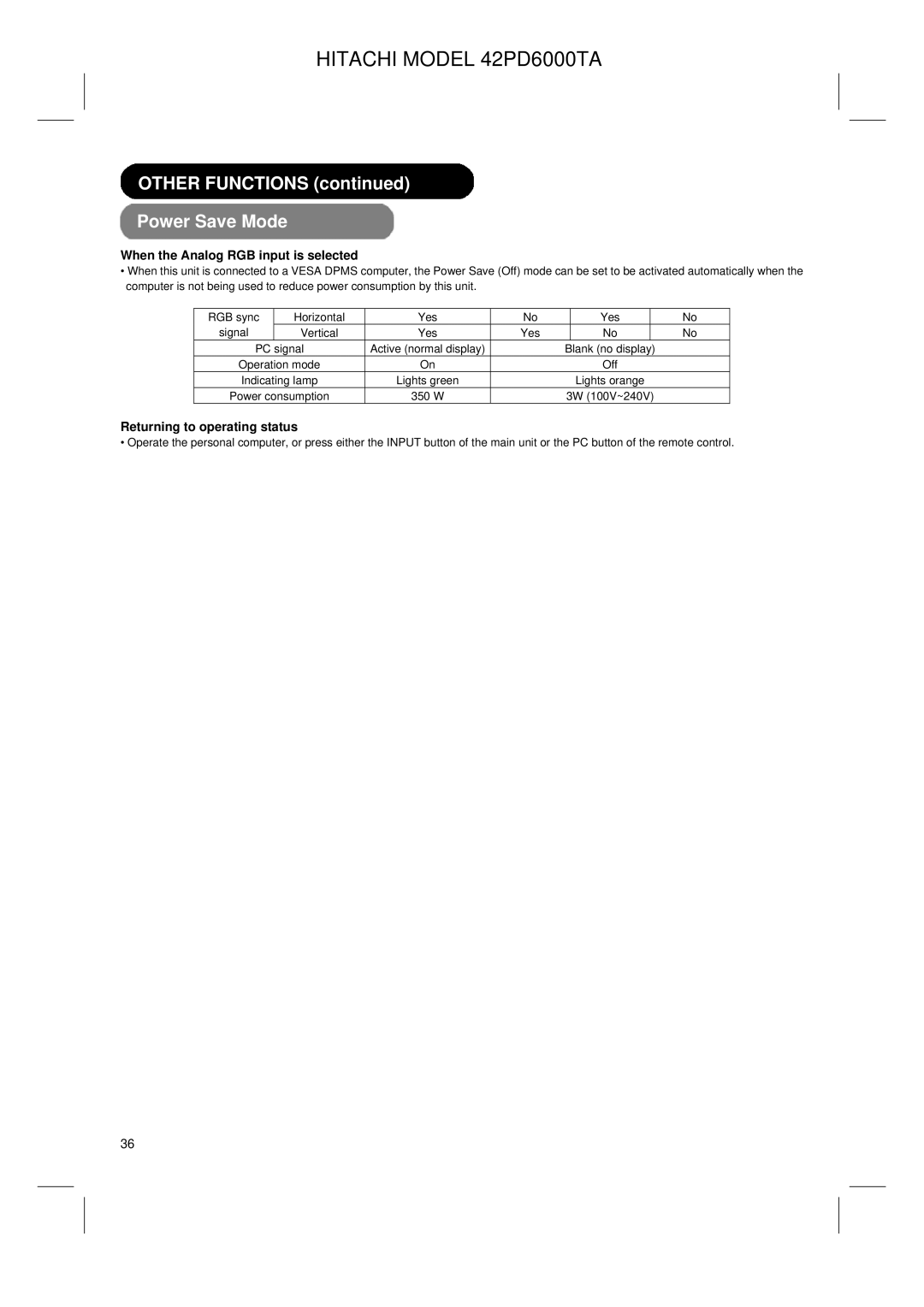 Hitachi 42PD6000TA Other Functions Power Save Mode, When the Analog RGB input is selected, Returning to operating status 