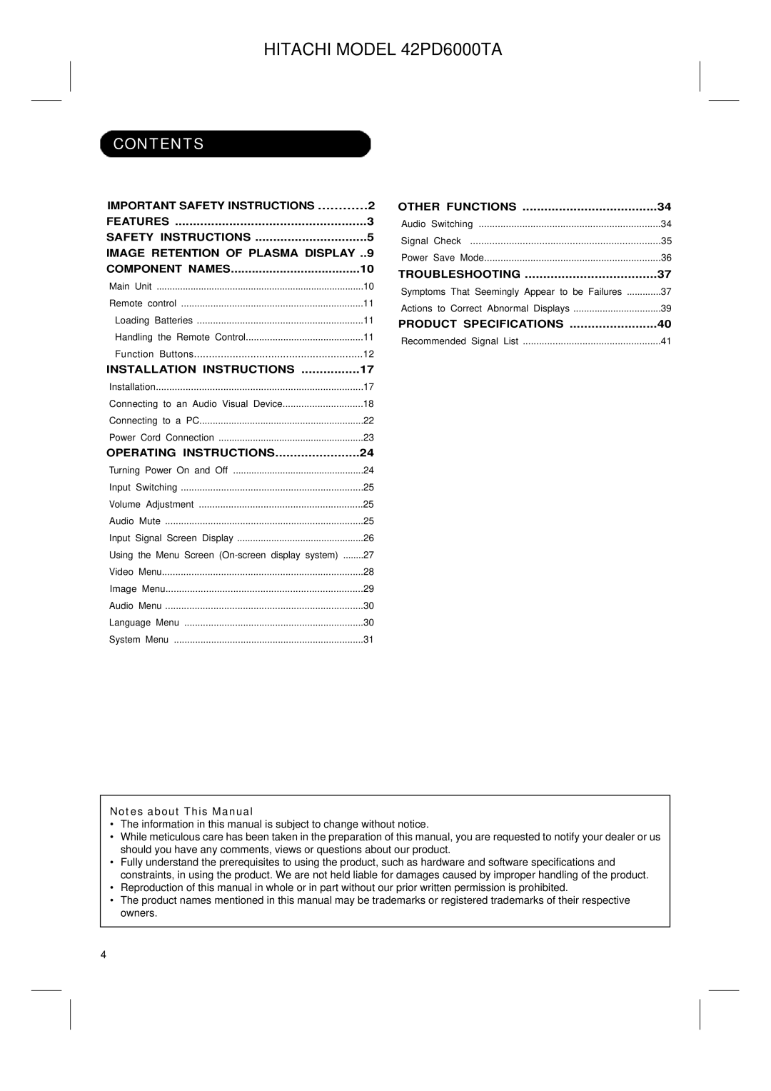 Hitachi 42PD6000TA user manual Contents 