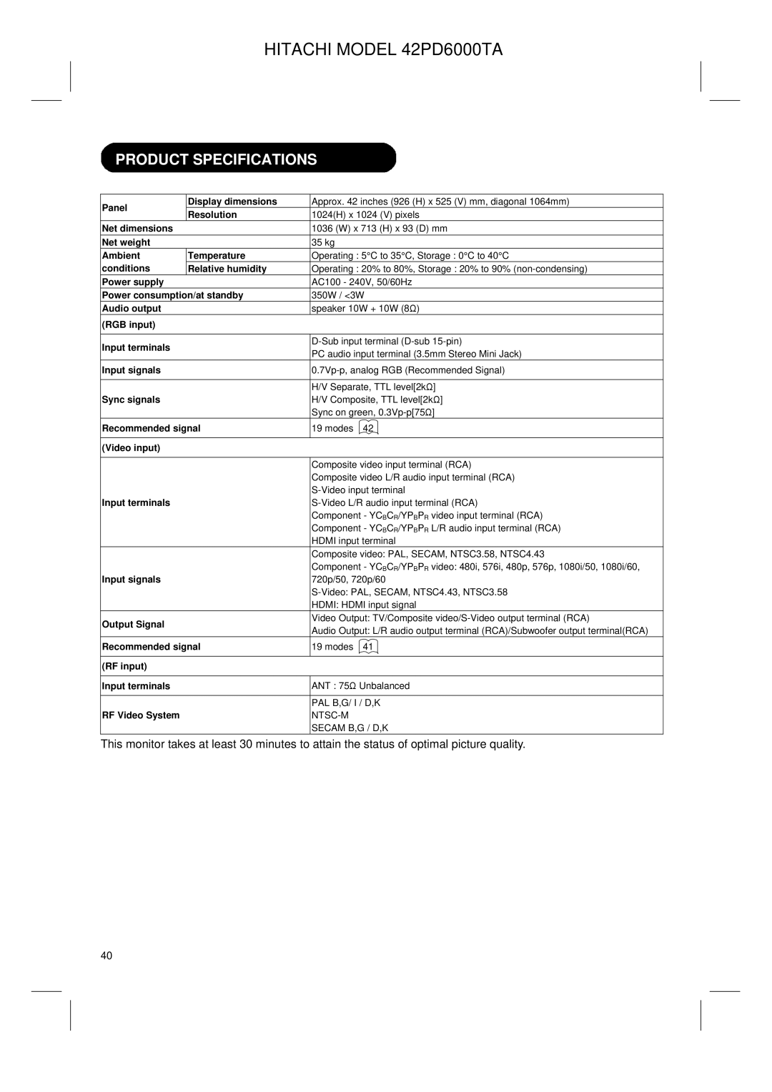 Hitachi 42PD6000TA user manual Product Specifications 