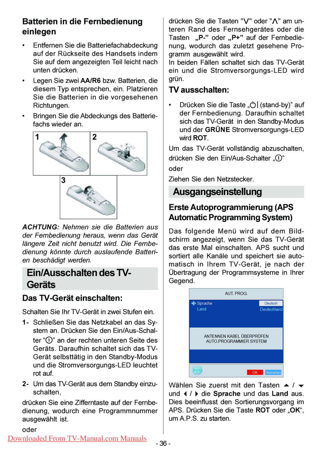 Hitachi 42PD6600A, 42PD3200A, 42PD6A10, 42PD6600L manual Ein/Ausschalten des TV Geräts, Ausgangseinstellung 