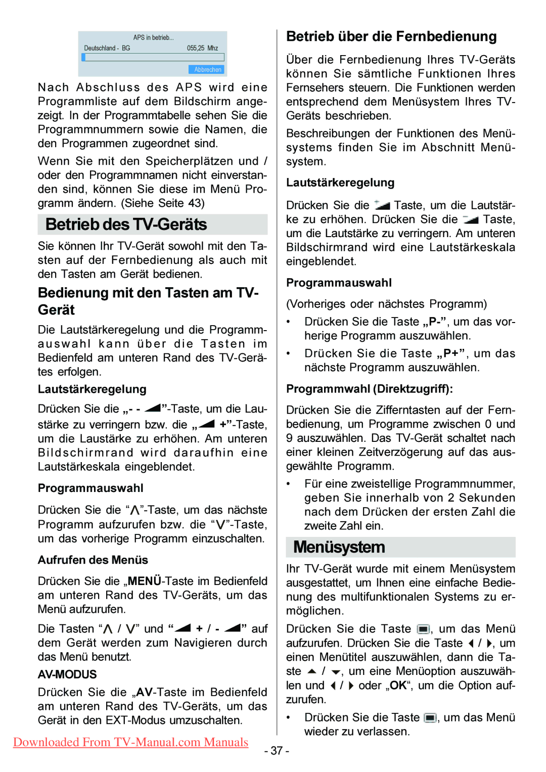 Hitachi 42PD6600 manual Betrieb des TV-Geräts, Menüsystem, Betrieb über die Fernbedienung, Bedienung mit den Tasten am TV 