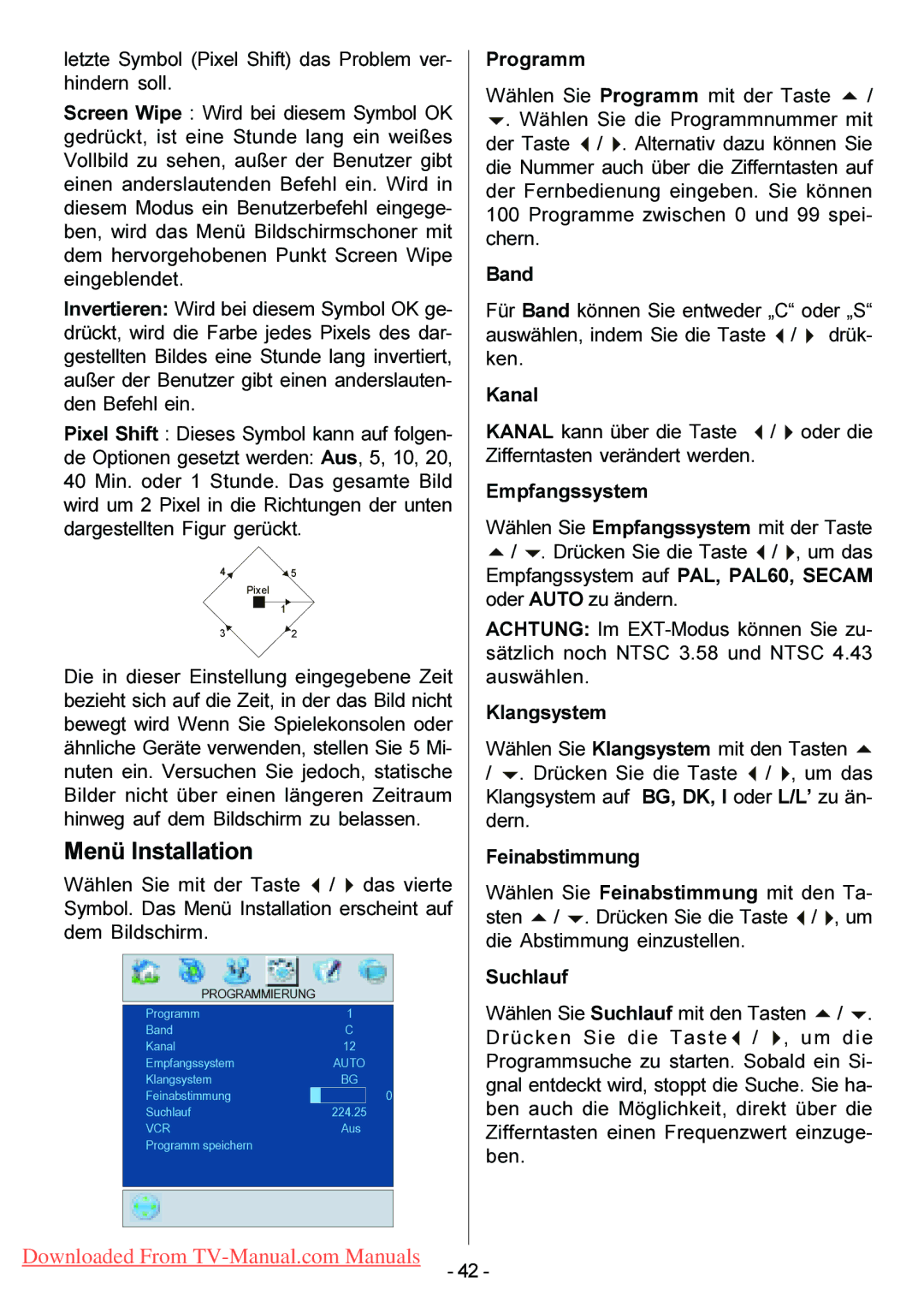 Hitachi 42PD6600A, 42PD3200A, 42PD6A10 manual Menü Installation, Letzte Symbol Pixel Shift das Problem ver- hindern soll 