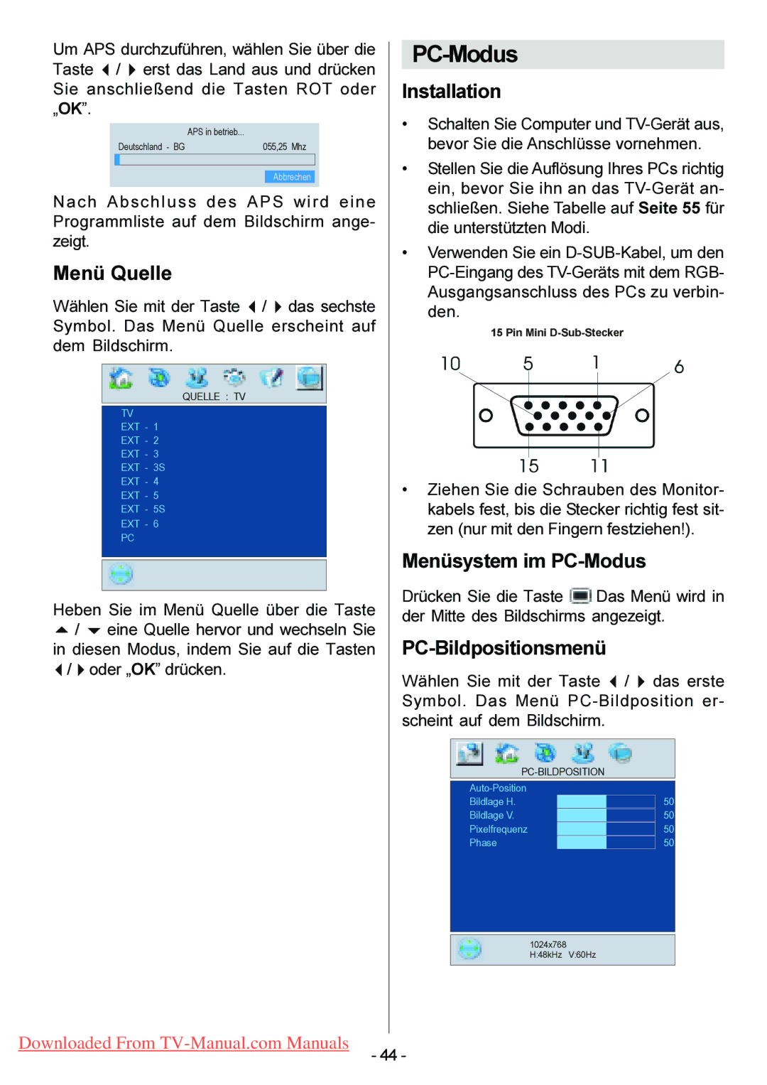 Hitachi 42PD6A10, 42PD6600A, 42PD3200A manual Menü Quelle, Installation, Menüsystem im PC-Modus, PC-Bildpositionsmenü 