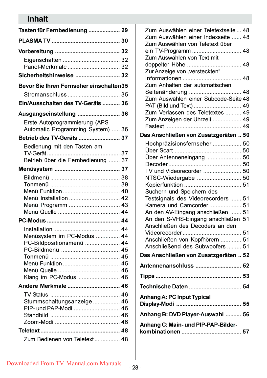 Hitachi 42PD3200A, 42PD6600A, 42PD6A10, 42PD6600L manual Inhalt, Tasten für Fernbedienung, Plasma TV 