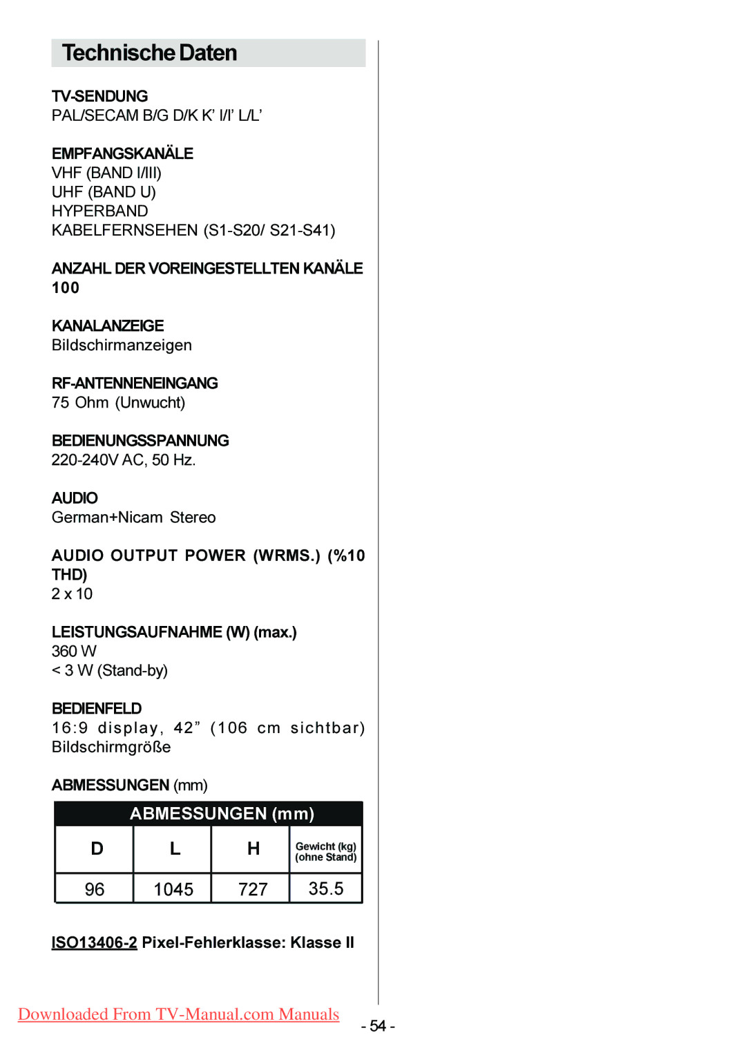 Hitachi 42PD6A10 TechnischeDaten, Rf-Antenneneingang, Bedienungsspannung, Audio Output Power WRMS. %10 THD, Bedienfeld 