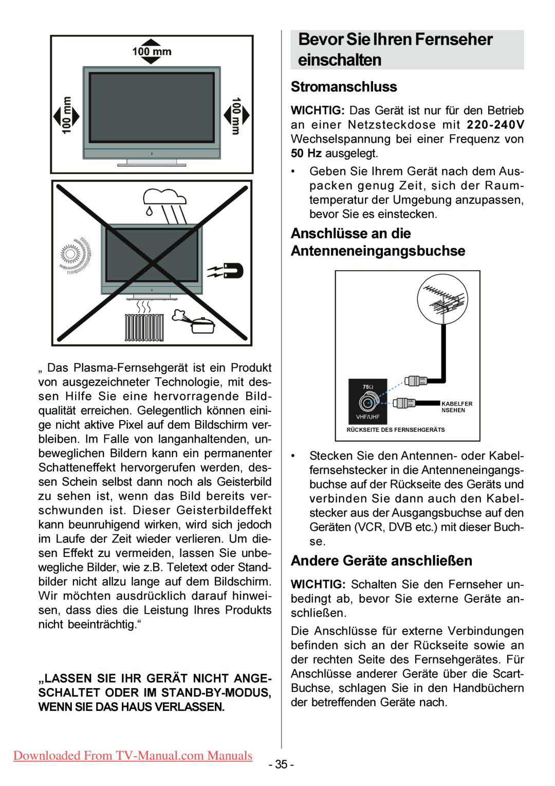 Hitachi 42PD6600L Bevor Sie Ihren Fernseher Einschalten, Stromanschluss, Anschlüsse an die, Andere Geräte anschließen 