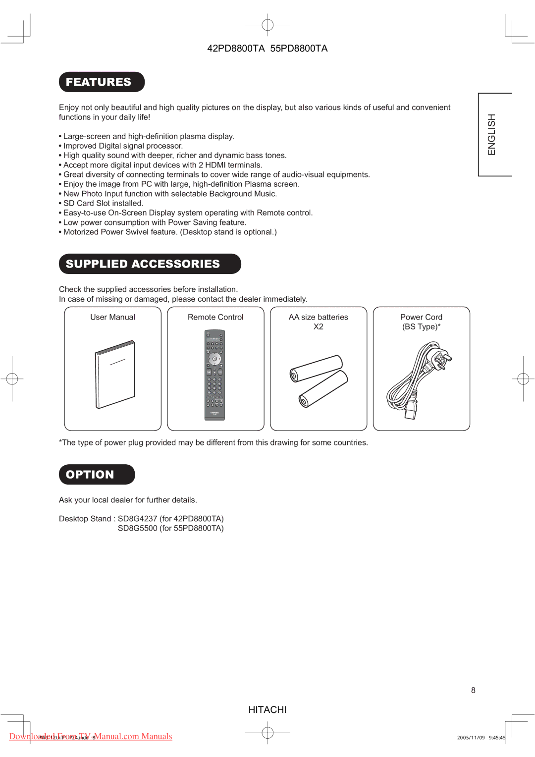 Hitachi 42PD8800TA, 55PD8800TA user manual Features, Supplied Accessories, Option 