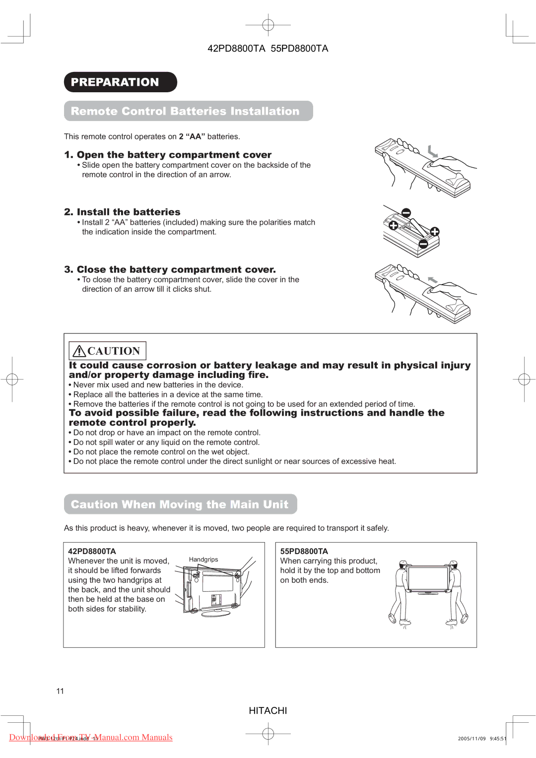 Hitachi 55PD8800TA, 42PD8800TA Preparation, Remote Control Batteries Installation, Open the battery compartment cover 