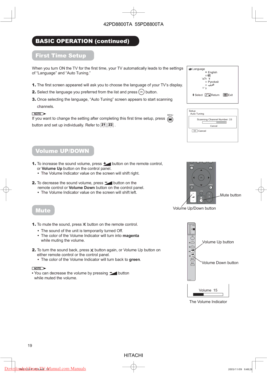 Hitachi 55PD8800TA, 42PD8800TA user manual Basic Operation First Time Setup, Volume UP/DOWN, Mute, Volume Indicator 