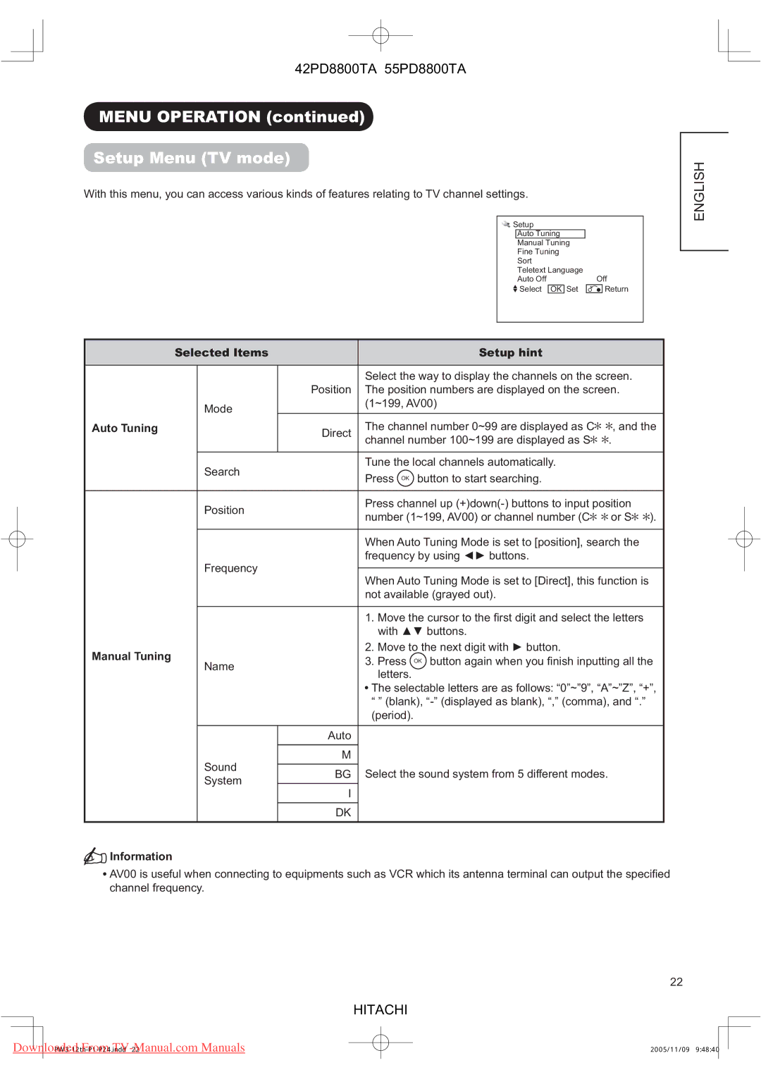Hitachi 42PD8800TA, 55PD8800TA Menu Operation Setup Menu TV mode, Setup hint, Auto Tuning, Manual Tuning, Information 