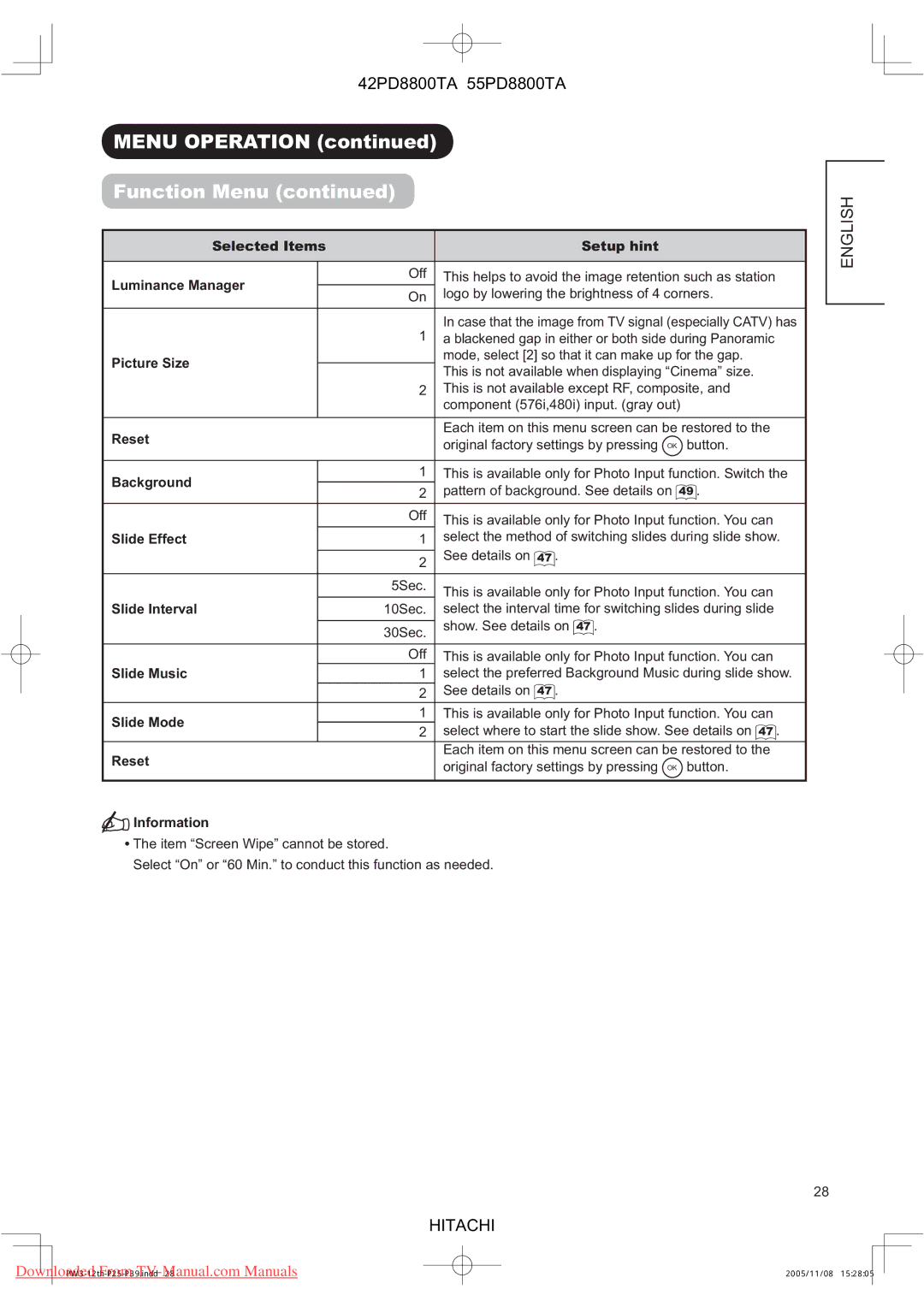 Hitachi 42PD8800TA Selected Items Setup hint Luminance Manager, Picture Size, Background, Slide Effect, Slide Interval 